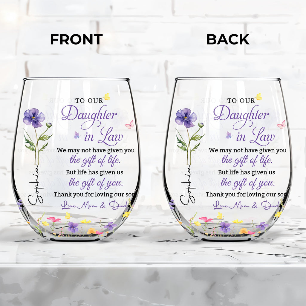 Personalized Stemless Wine Glass Custom Birth Month Flowers Gift for Daughter-in-Law Wine Glasses GradoCreations