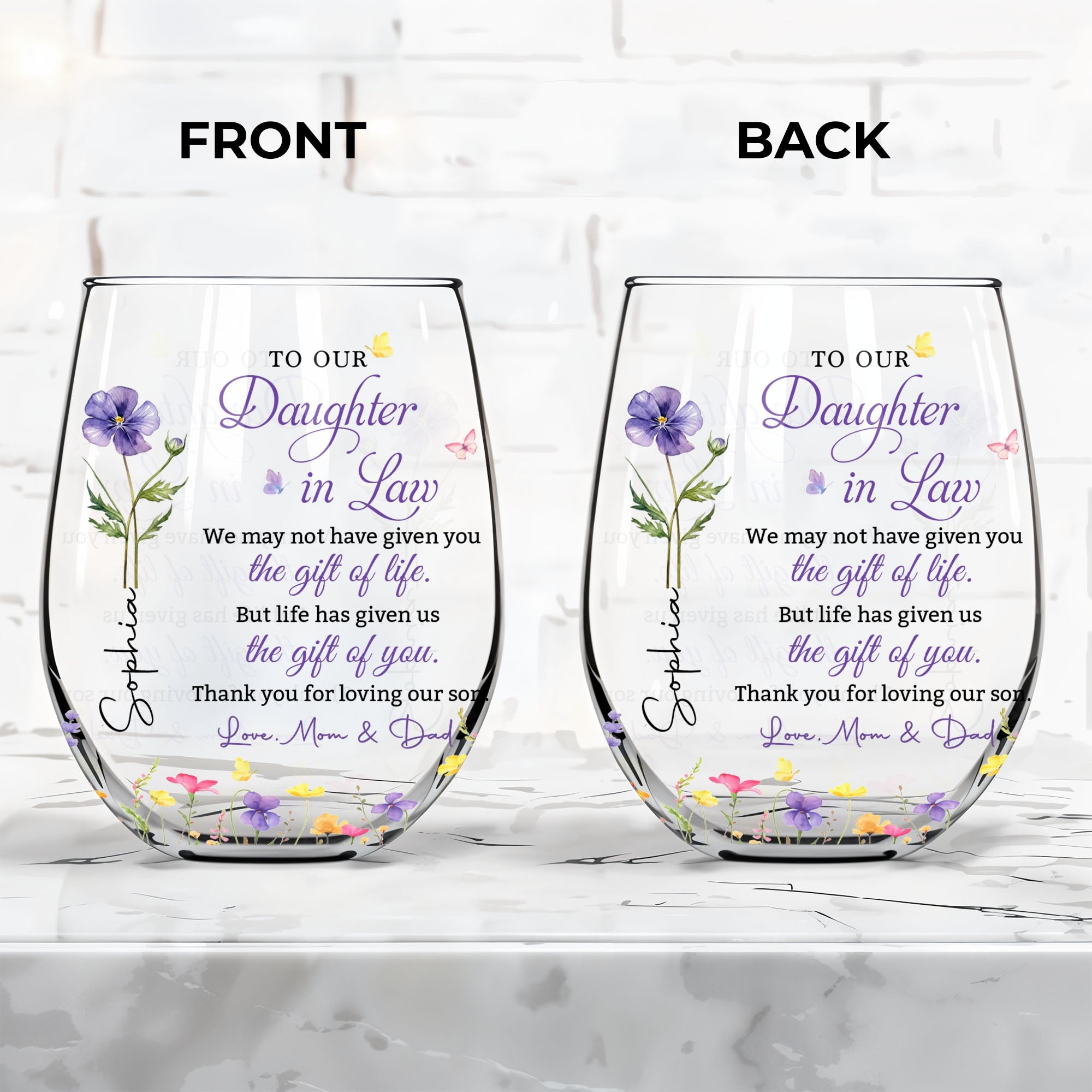 Personalized Stemless Wine Glass Custom Birth Month Flowers Gift for Daughter-in-Law Wine Glasses GradoCreations