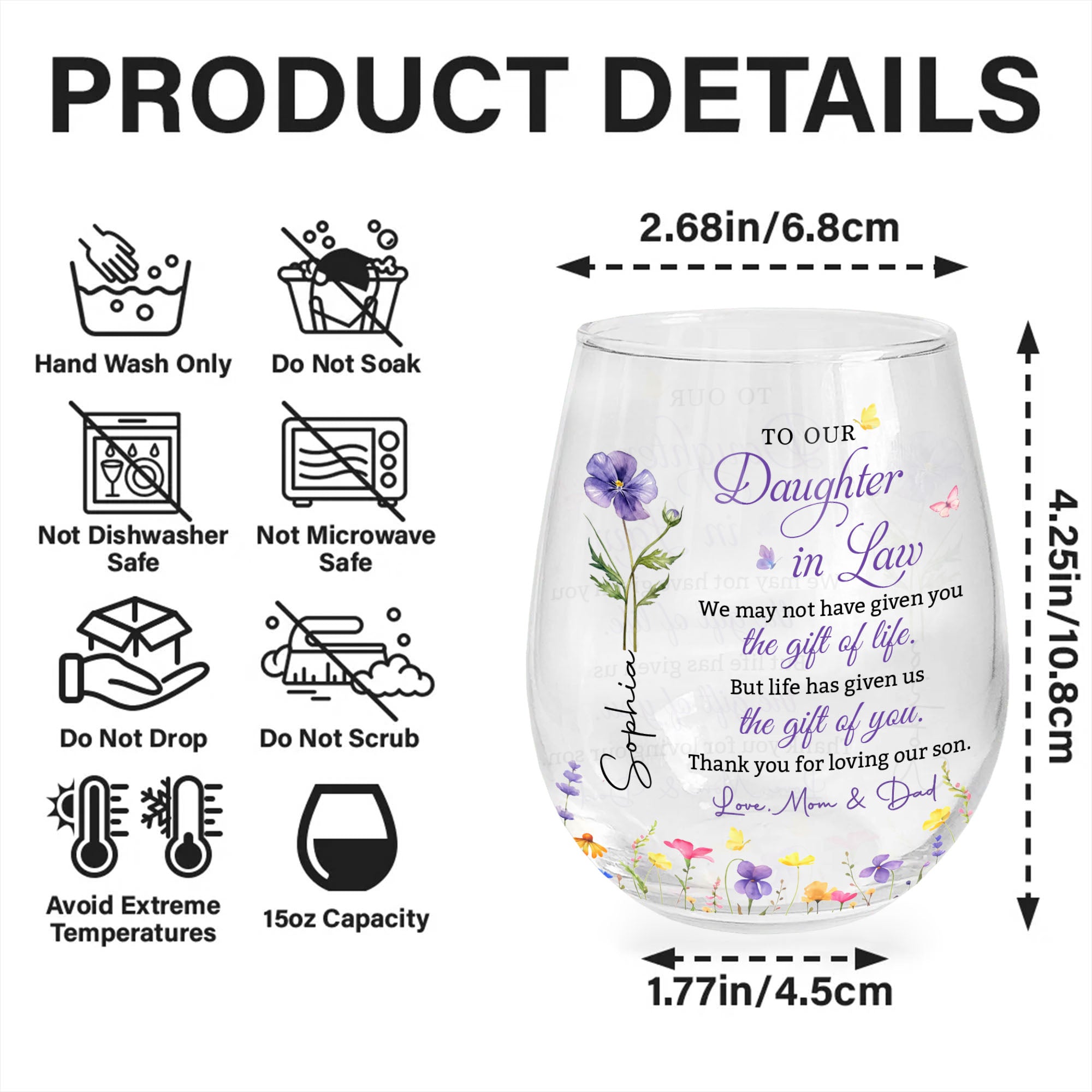 Personalized Stemless Wine Glass Custom Birth Month Flowers Gift for Daughter-in-Law Wine Glasses GradoCreations