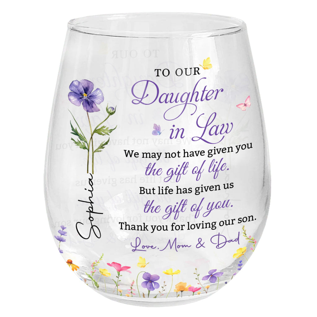 Personalized Stemless Wine Glass Custom Birth Month Flowers Gift for Daughter-in-Law Wine Glasses GradoCreations