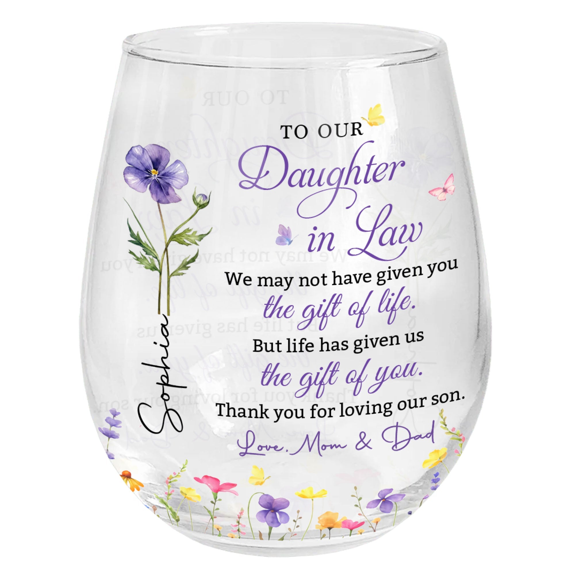 Personalized Stemless Wine Glass Custom Birth Month Flowers Gift for Daughter-in-Law Wine Glasses GradoCreations