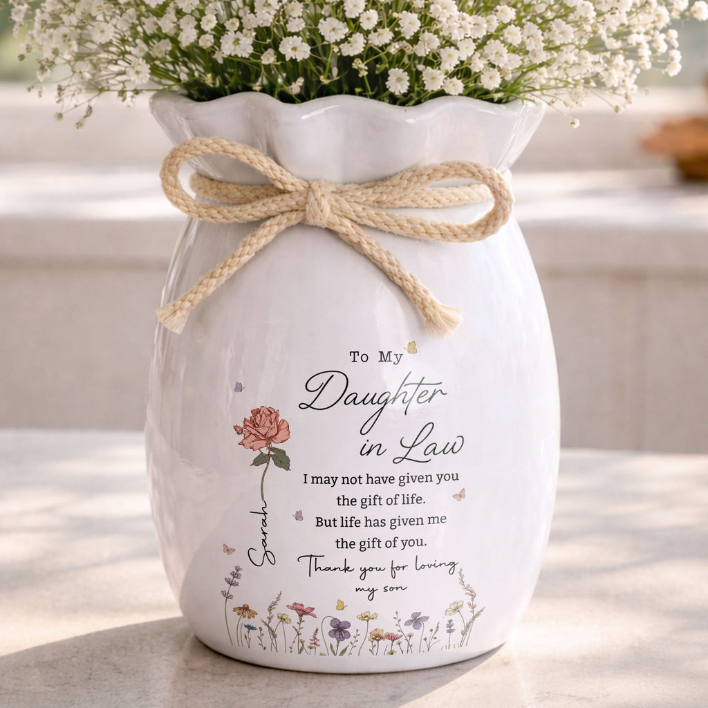 Personalized Ceramic Flower Vase Custom Gift for Daughter-in-law Ribbon Tie Ceramic Flower Vase GradoCreations