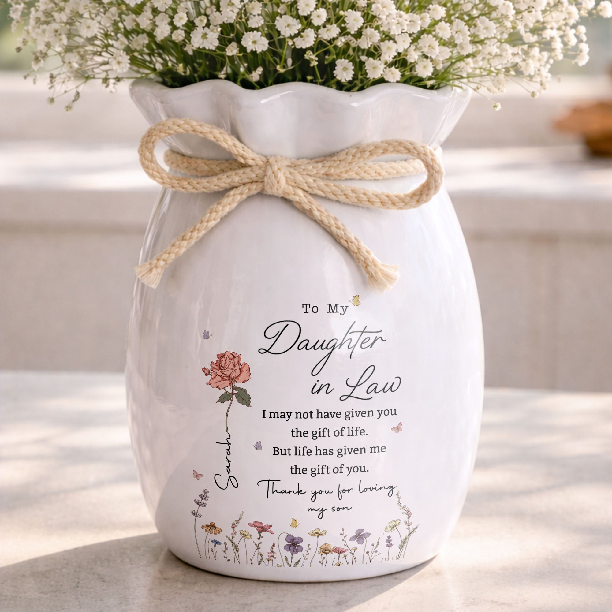 Personalized Ceramic Flower Vase Custom Gift for Daughter-in-law Ribbon Tie Ceramic Flower Vase GradoCreations