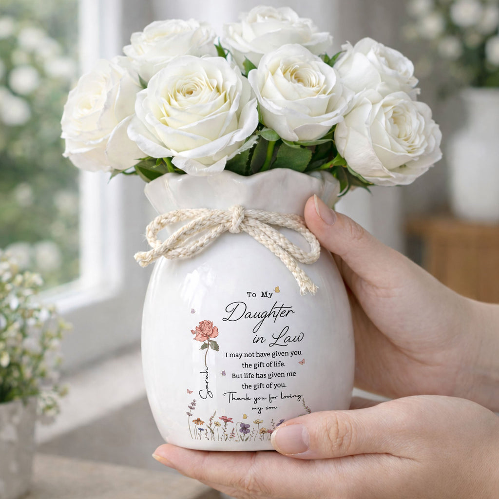 Personalized Ceramic Flower Vase Custom Gift for Daughter-in-law Ribbon Tie Ceramic Flower Vase GradoCreations
