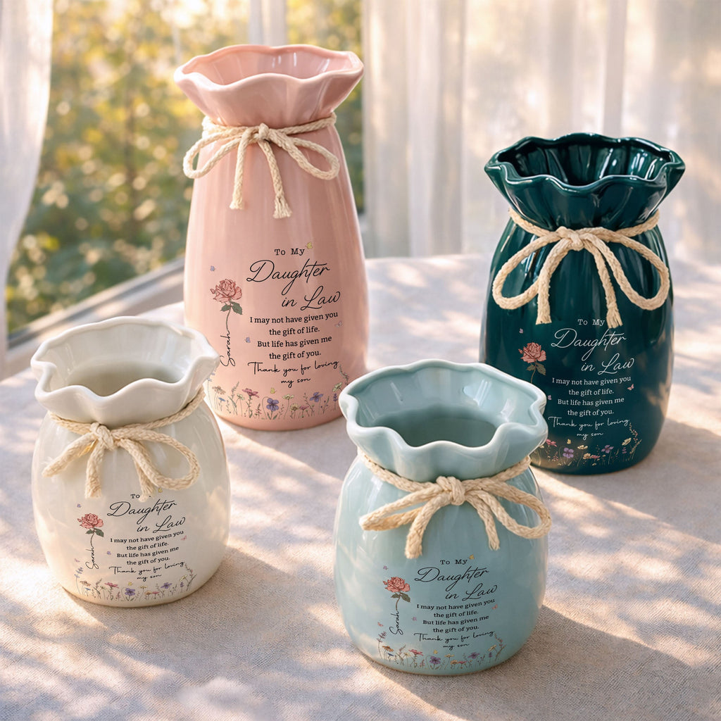 Personalized Ceramic Flower Vase Custom Gift for Daughter-in-law Ribbon Tie Ceramic Flower Vase GradoCreations