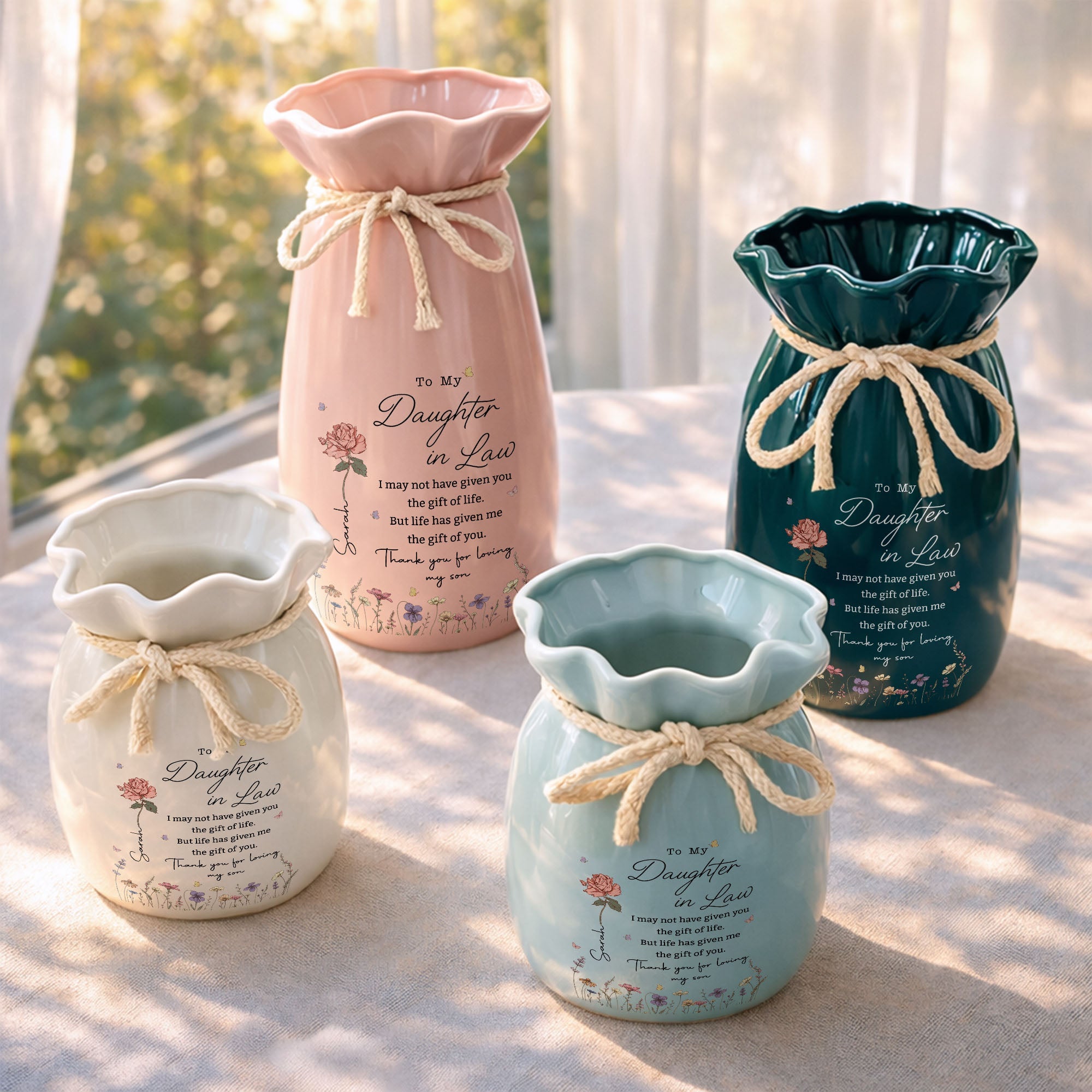 Personalized Ceramic Flower Vase Custom Gift for Daughter-in-law Ribbon Tie Ceramic Flower Vase GradoCreations