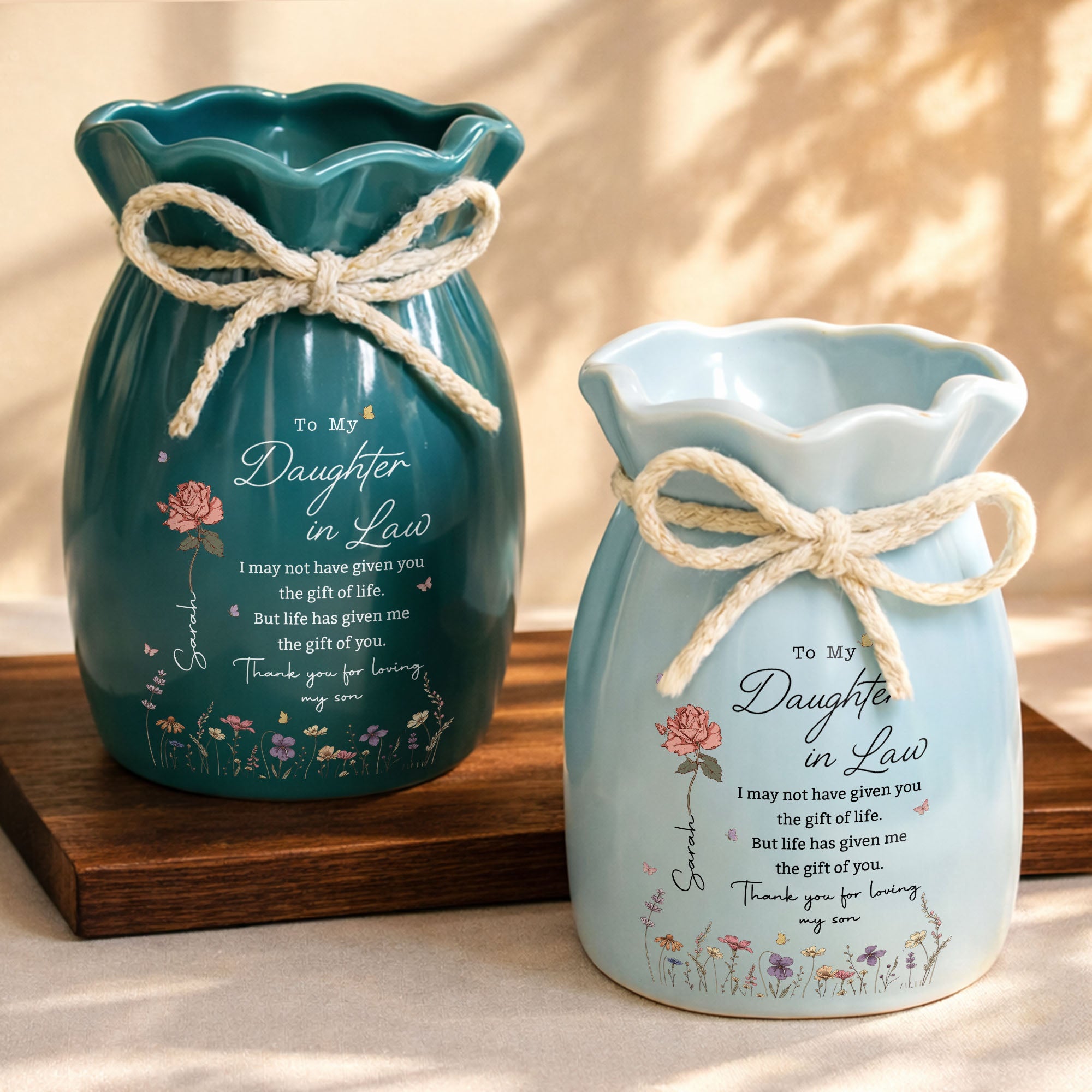 Personalized Ceramic Flower Vase Custom Gift for Daughter-in-law Ribbon Tie Ceramic Flower Vase GradoCreations