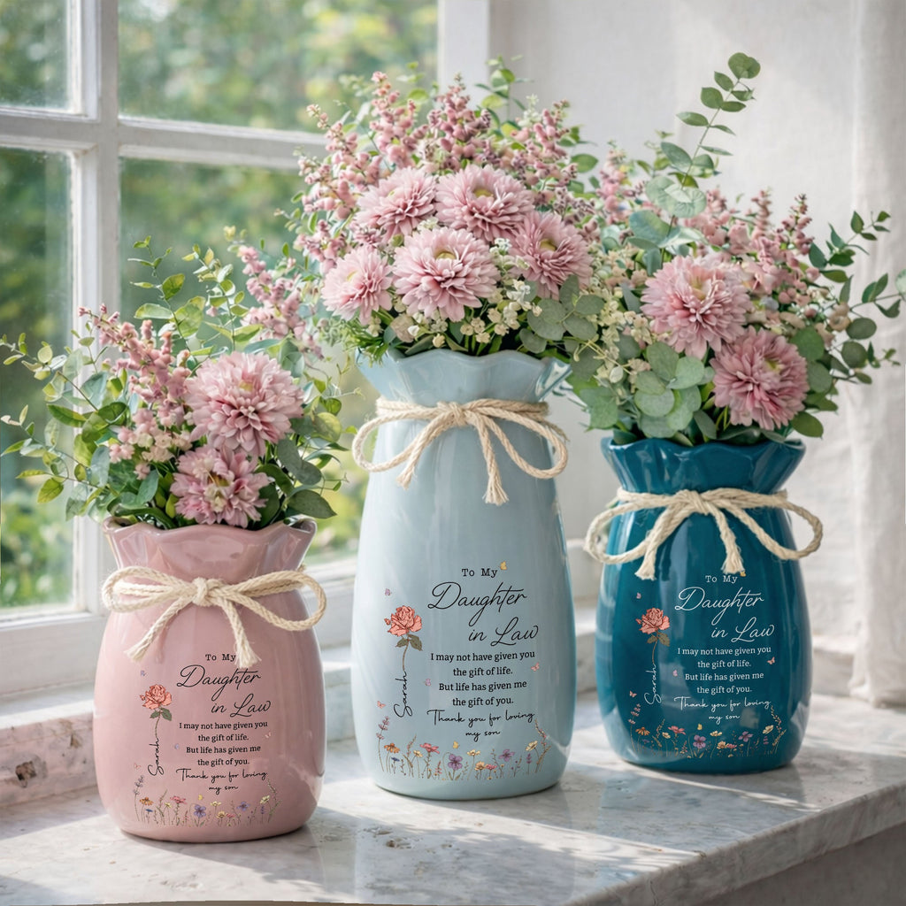 Personalized Ceramic Flower Vase Custom Gift for Daughter-in-law Ribbon Tie Ceramic Flower Vase GradoCreations