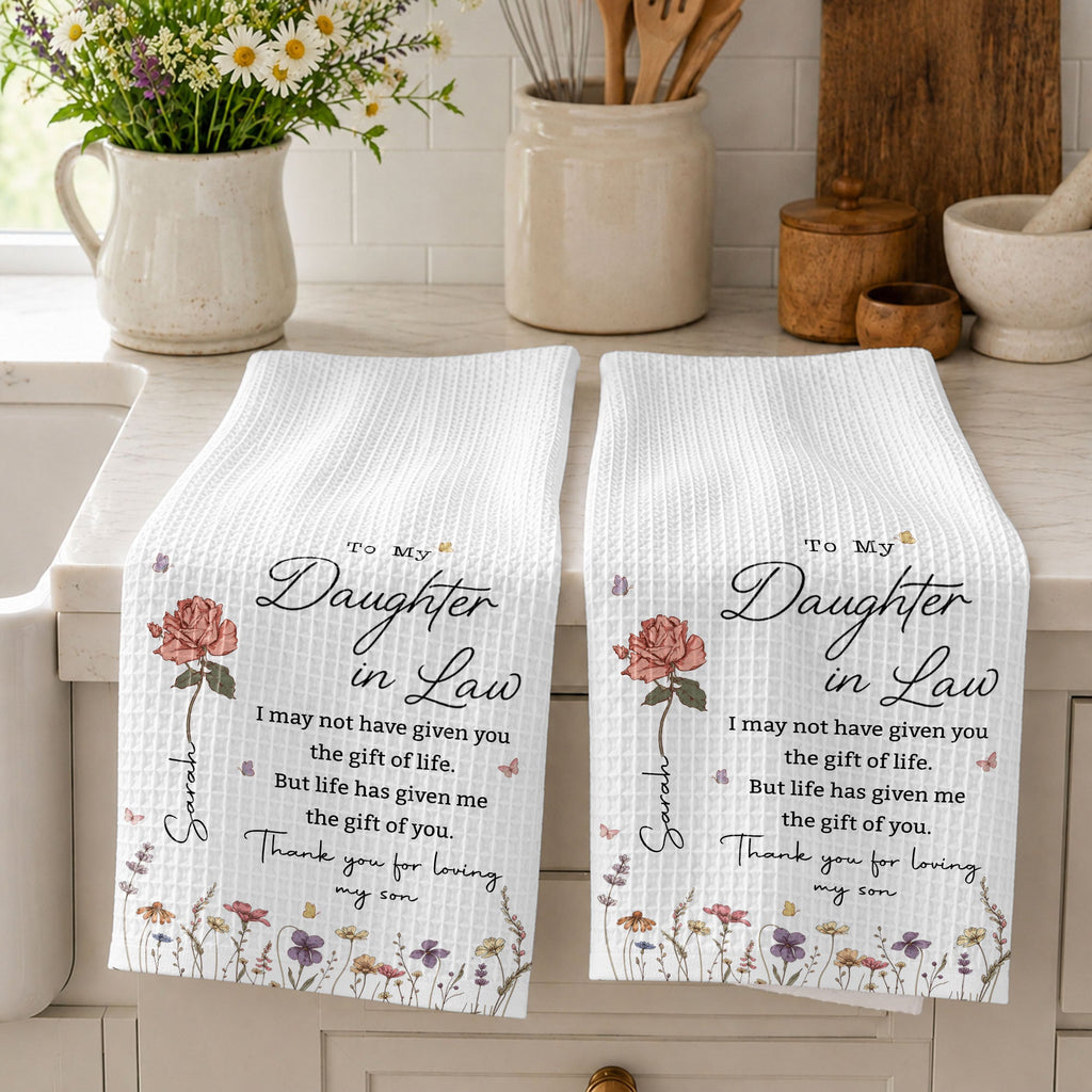 Personalized Kitchen Towel Custom Flower Design Gift for Daughter-in-Law Kitchen Towel GradoCreations