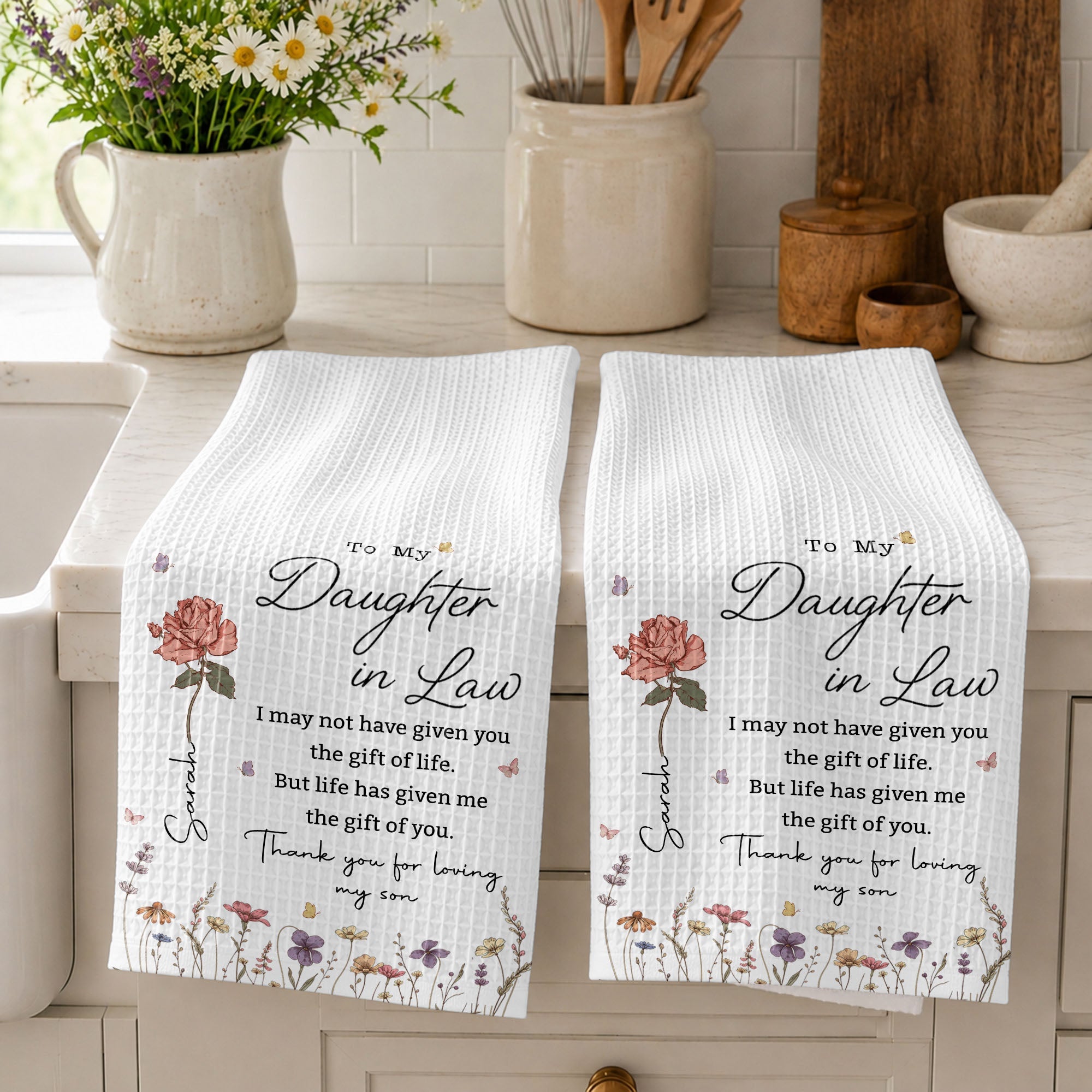 Personalized Kitchen Towel Custom Flower Design Gift for Daughter-in-Law Kitchen Towel GradoCreations