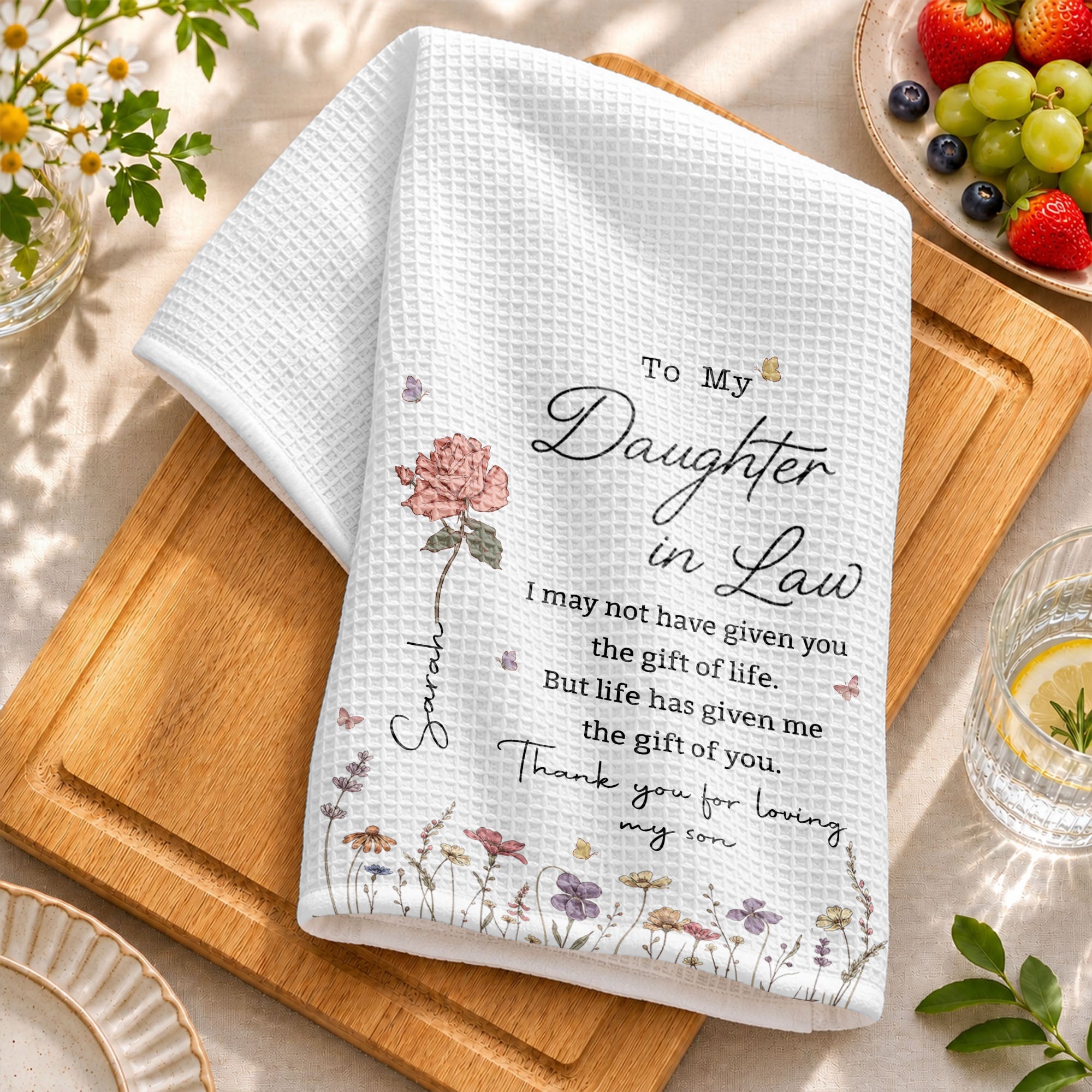 Personalized Kitchen Towel Custom Flower Design Gift for Daughter-in-Law Kitchen Towel GradoCreations