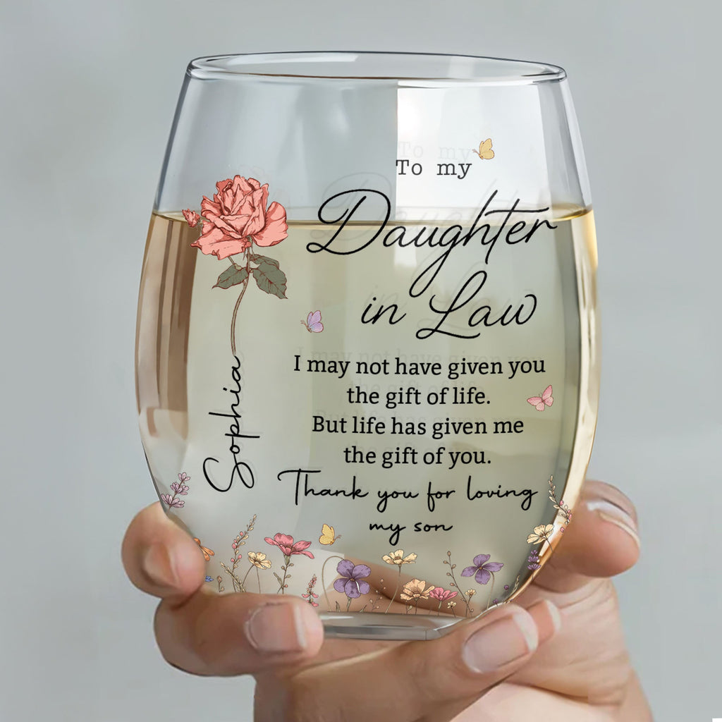 Personalized Stemless Wine Glass Custom Quote Gift for Daughter-in-Law Wine Glasses GradoCreations