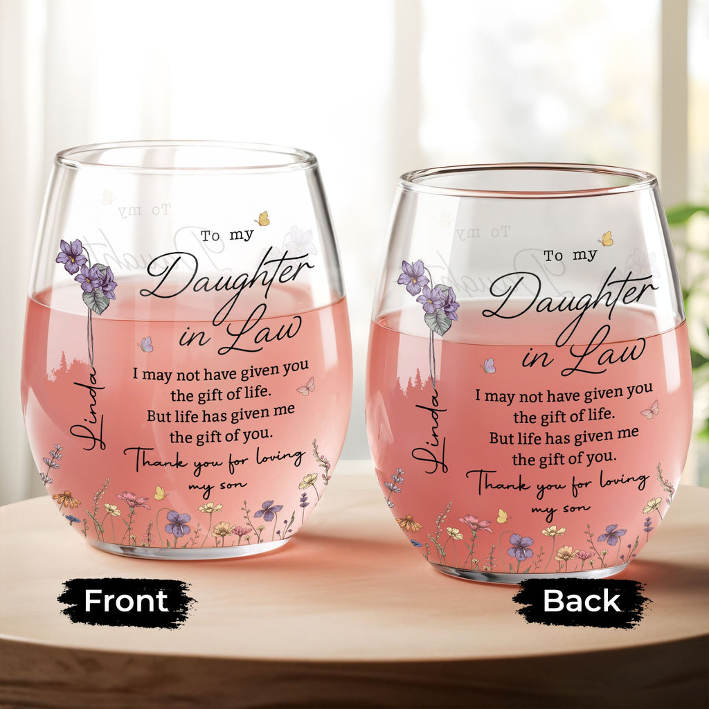Personalized Stemless Wine Glass Custom Quote Gift for Daughter-in-Law Wine Glasses GradoCreations