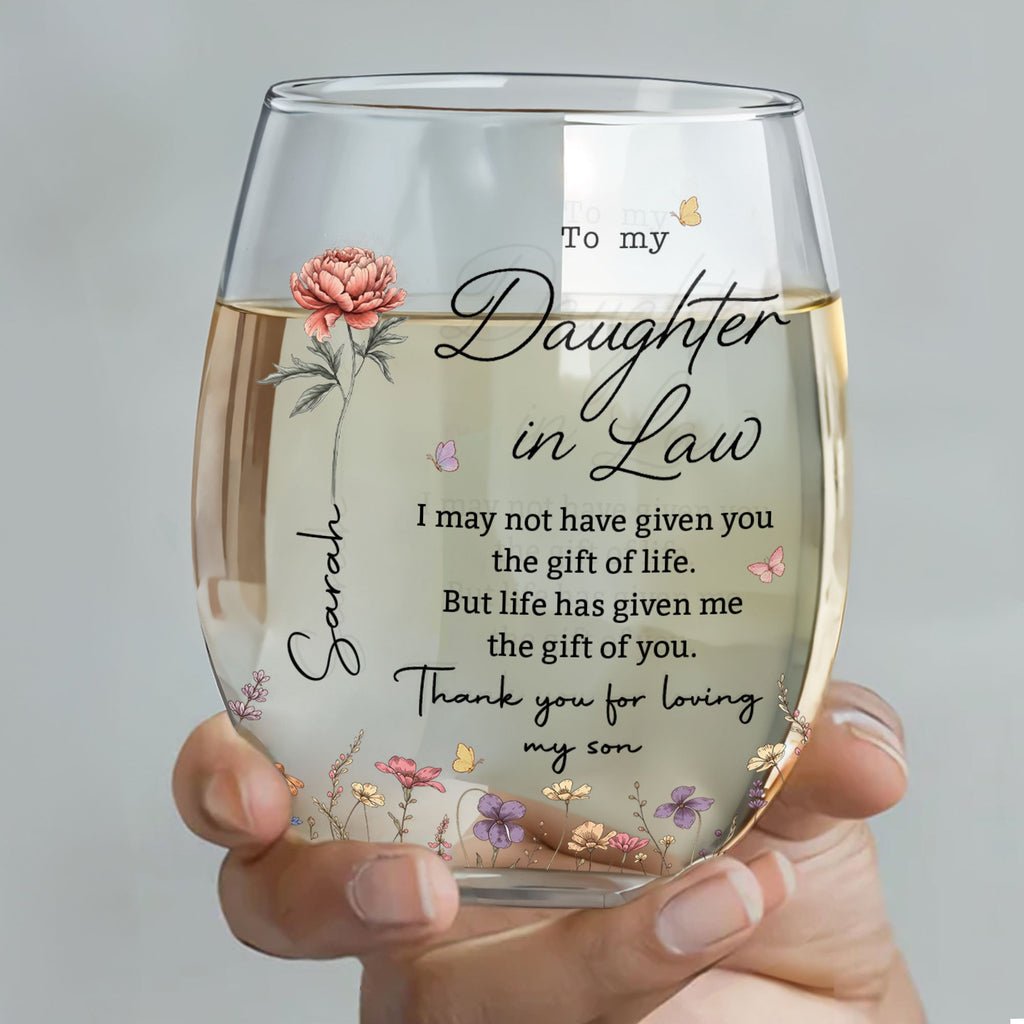 Personalized Stemless Wine Glass Custom Quote Gift for Daughter-in-Law Wine Glasses GradoCreations