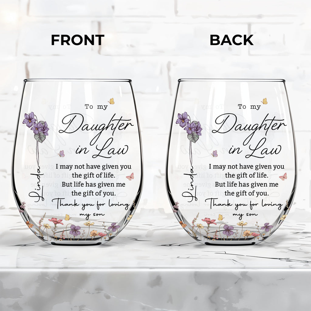 Personalized Stemless Wine Glass Custom Quote Gift for Daughter-in-Law Wine Glasses GradoCreations