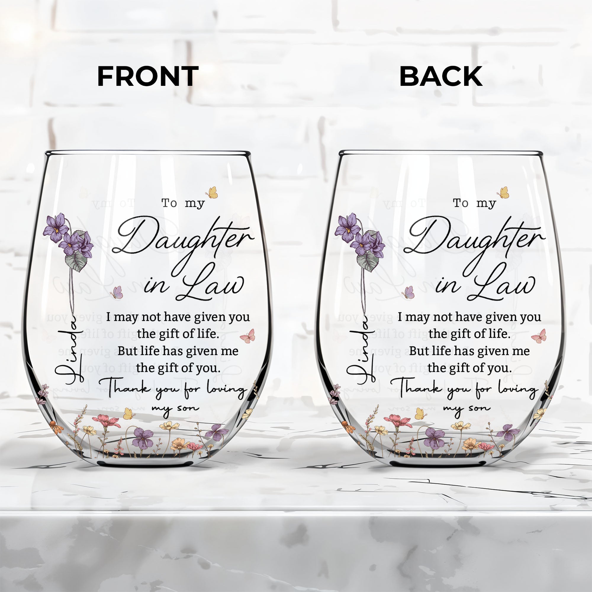 Personalized Stemless Wine Glass Custom Quote Gift for Daughter-in-Law Wine Glasses GradoCreations