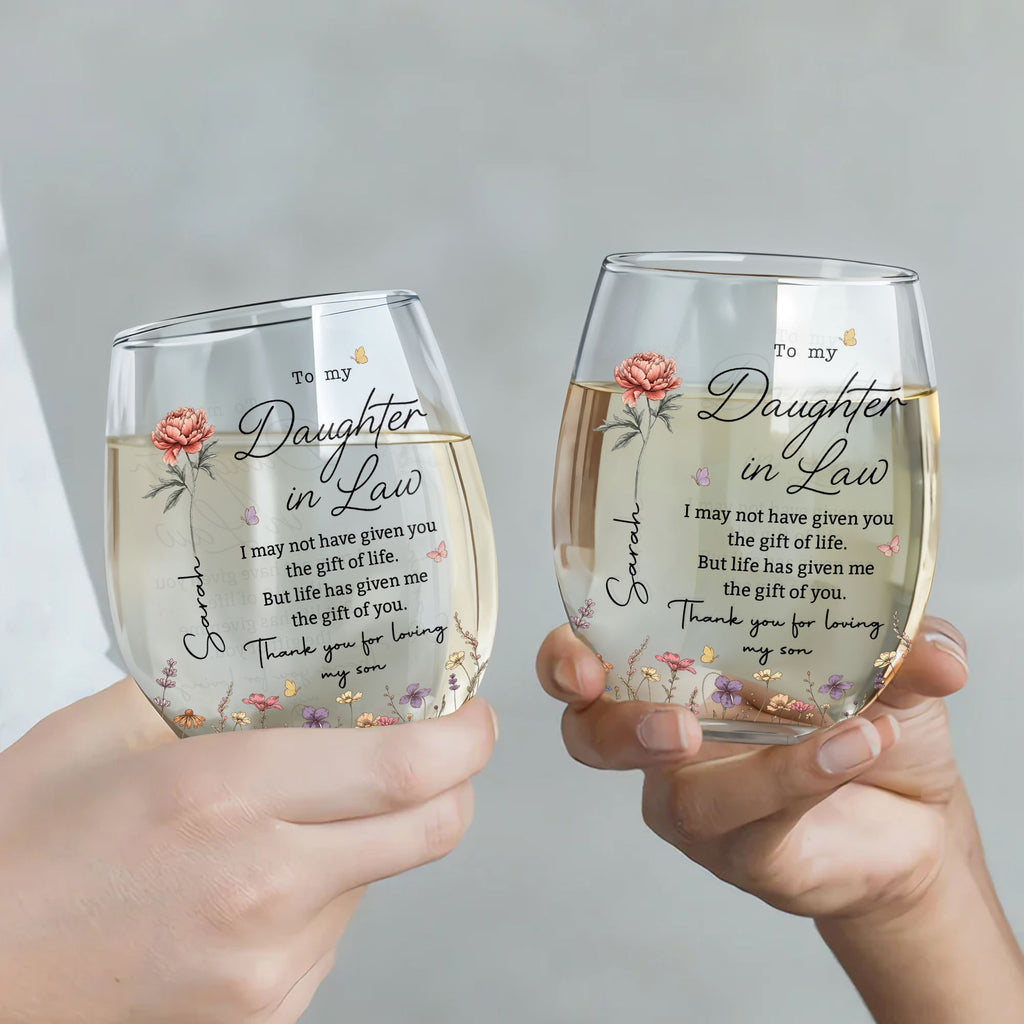 Personalized Stemless Wine Glass Custom Quote Gift for Daughter-in-Law Wine Glasses GradoCreations