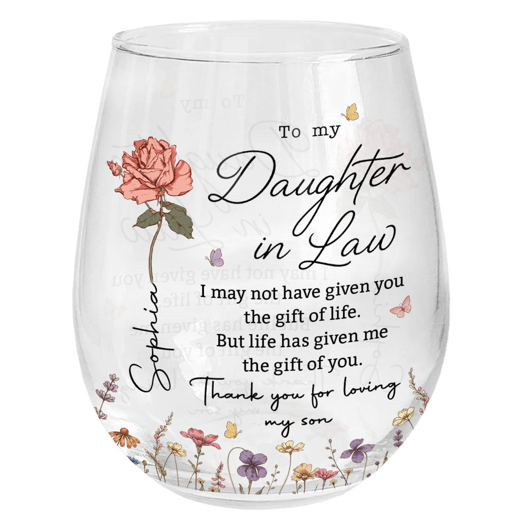 Personalized Stemless Wine Glass Custom Quote Gift for Daughter-in-Law Wine Glasses GradoCreations