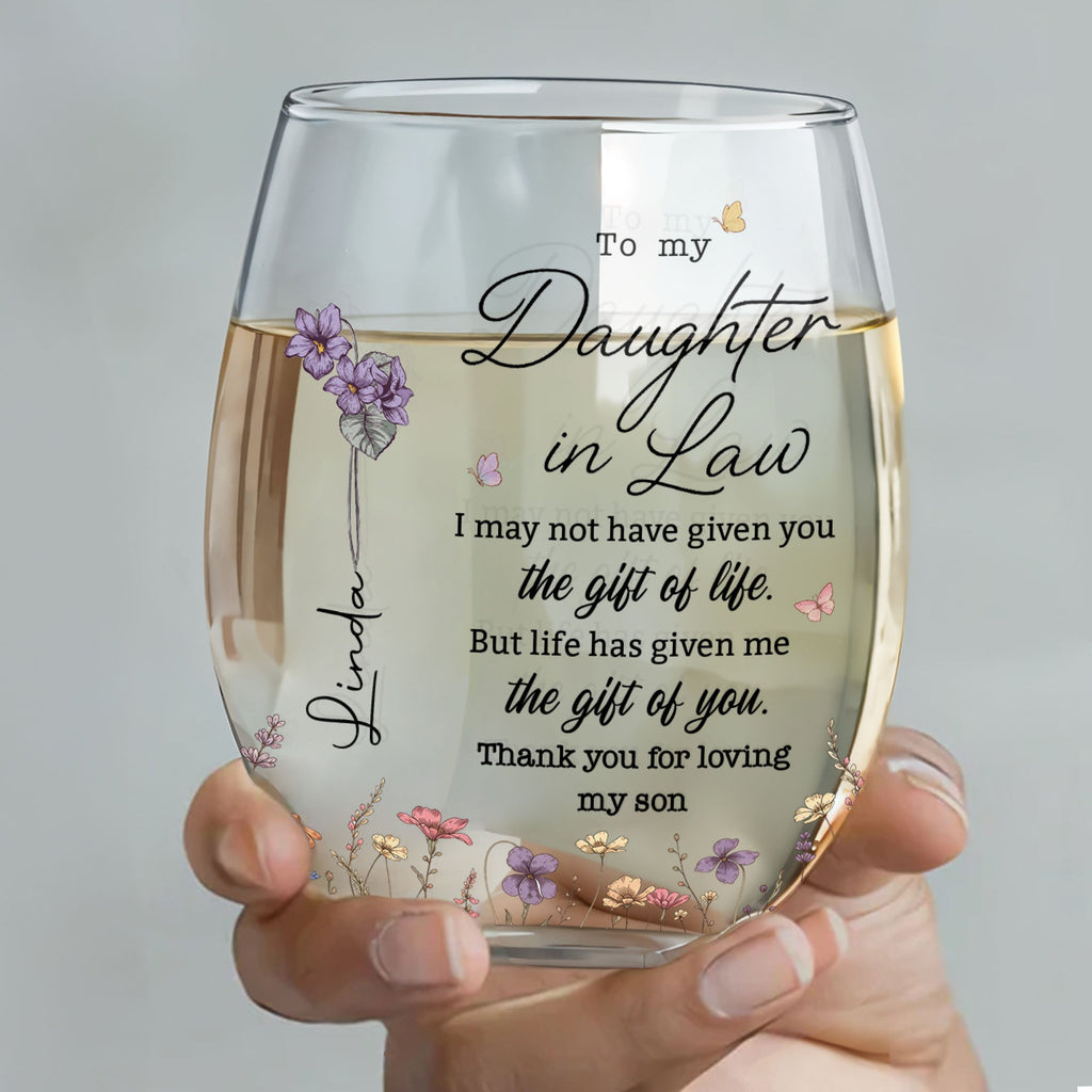 Personalized Stemless Wine Glass Custom Gift for Daughter-in-Law Wine Glasses GradoCreations