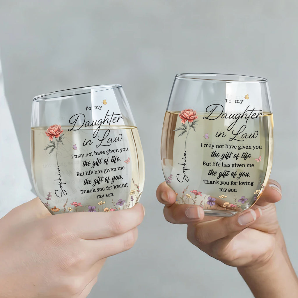 Personalized Stemless Wine Glass Custom Gift for Daughter-in-Law Wine Glasses GradoCreations
