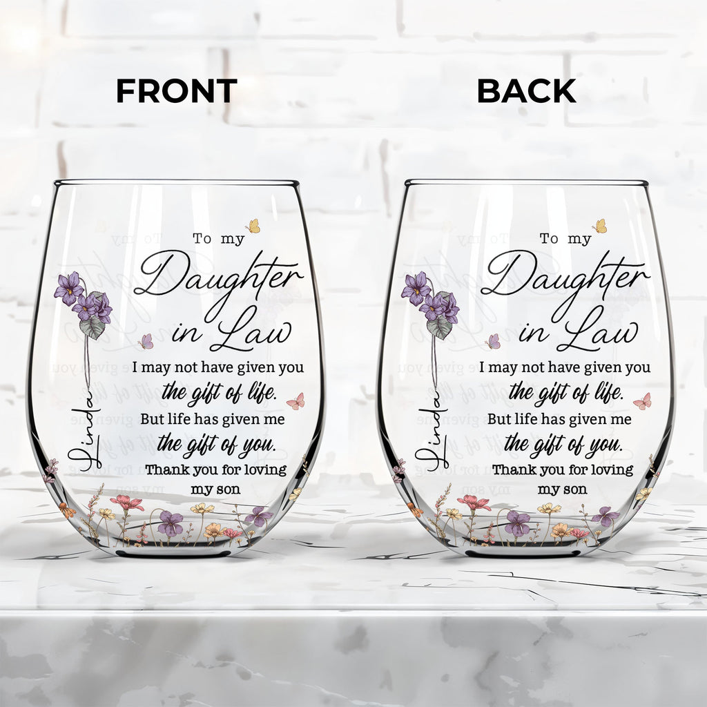 Personalized Stemless Wine Glass Custom Gift for Daughter-in-Law Wine Glasses GradoCreations
