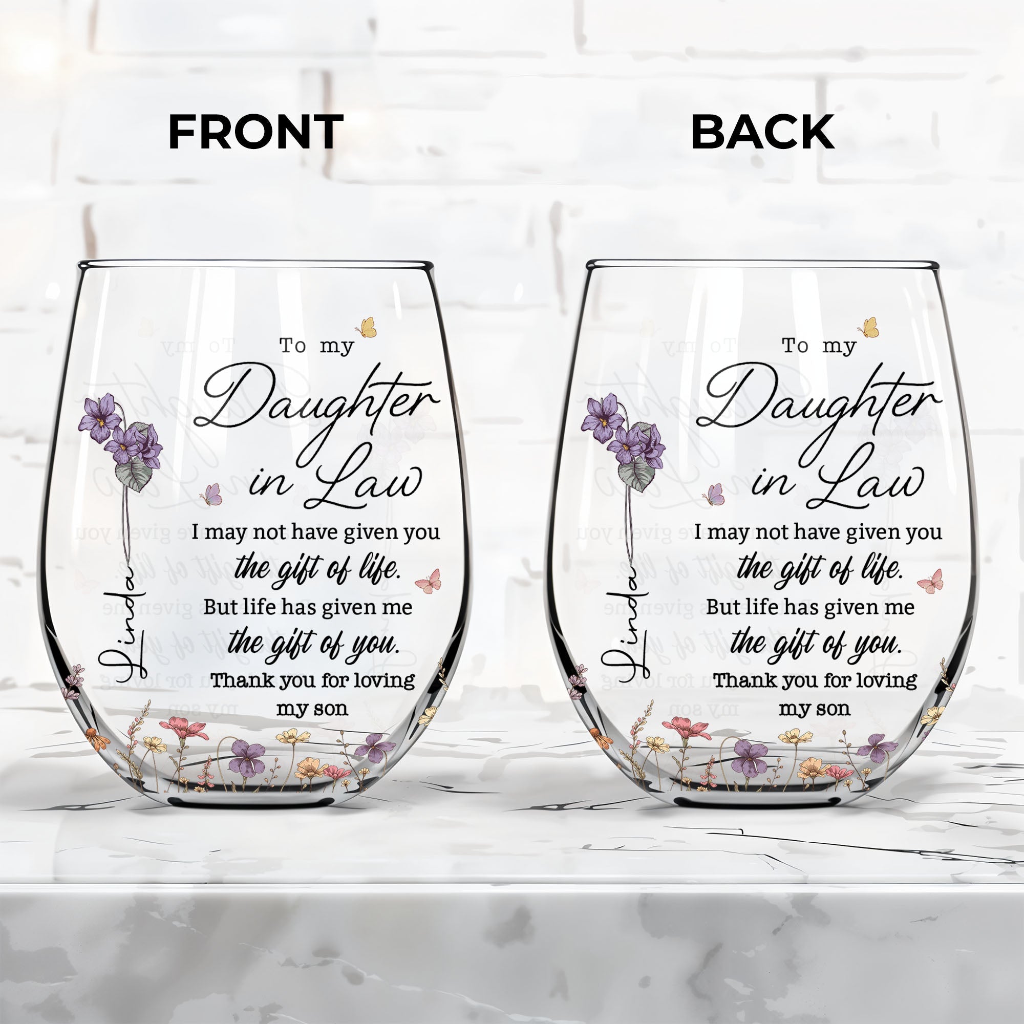 Personalized Stemless Wine Glass Custom Gift for Daughter-in-Law Wine Glasses GradoCreations