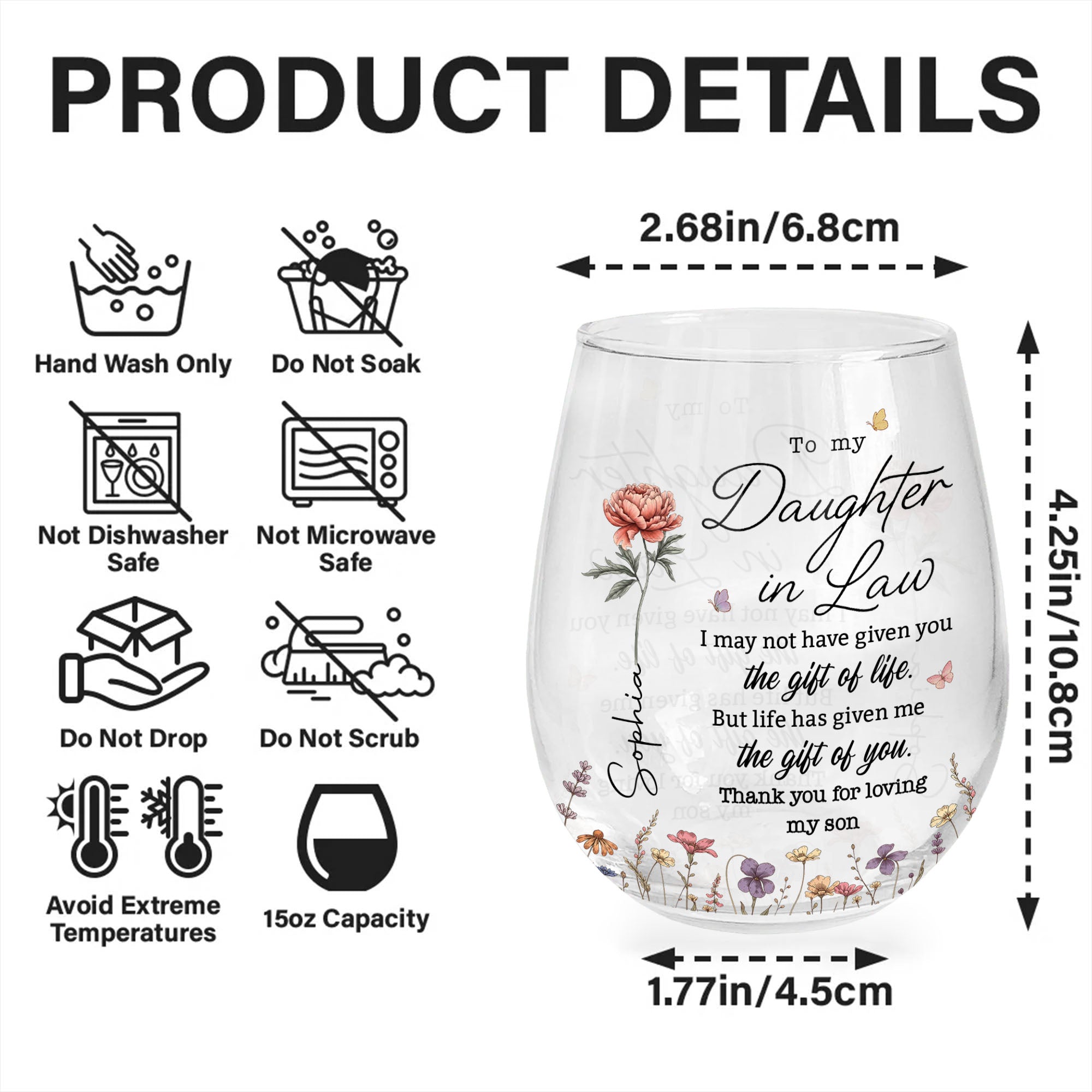 Personalized Stemless Wine Glass Custom Gift for Daughter-in-Law Wine Glasses GradoCreations