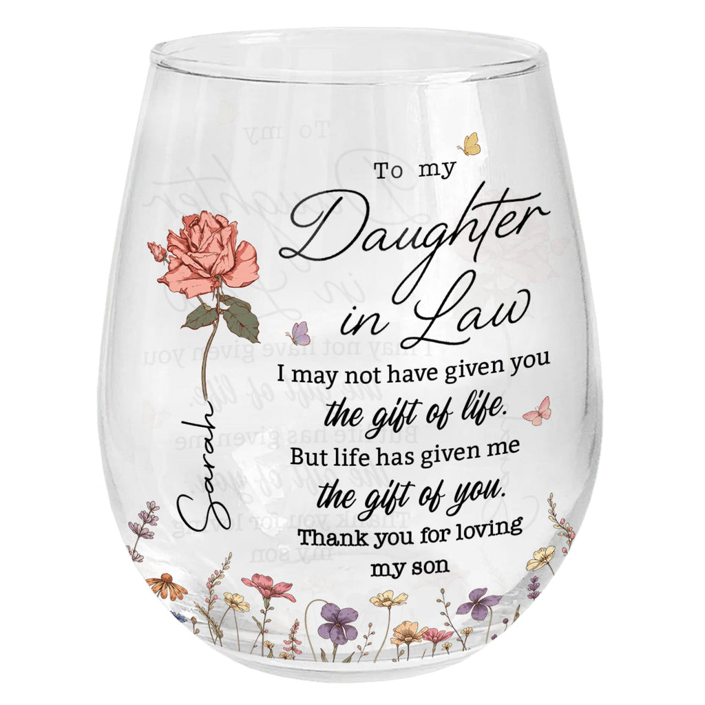 Personalized Stemless Wine Glass Custom Gift for Daughter-in-Law Wine Glasses GradoCreations