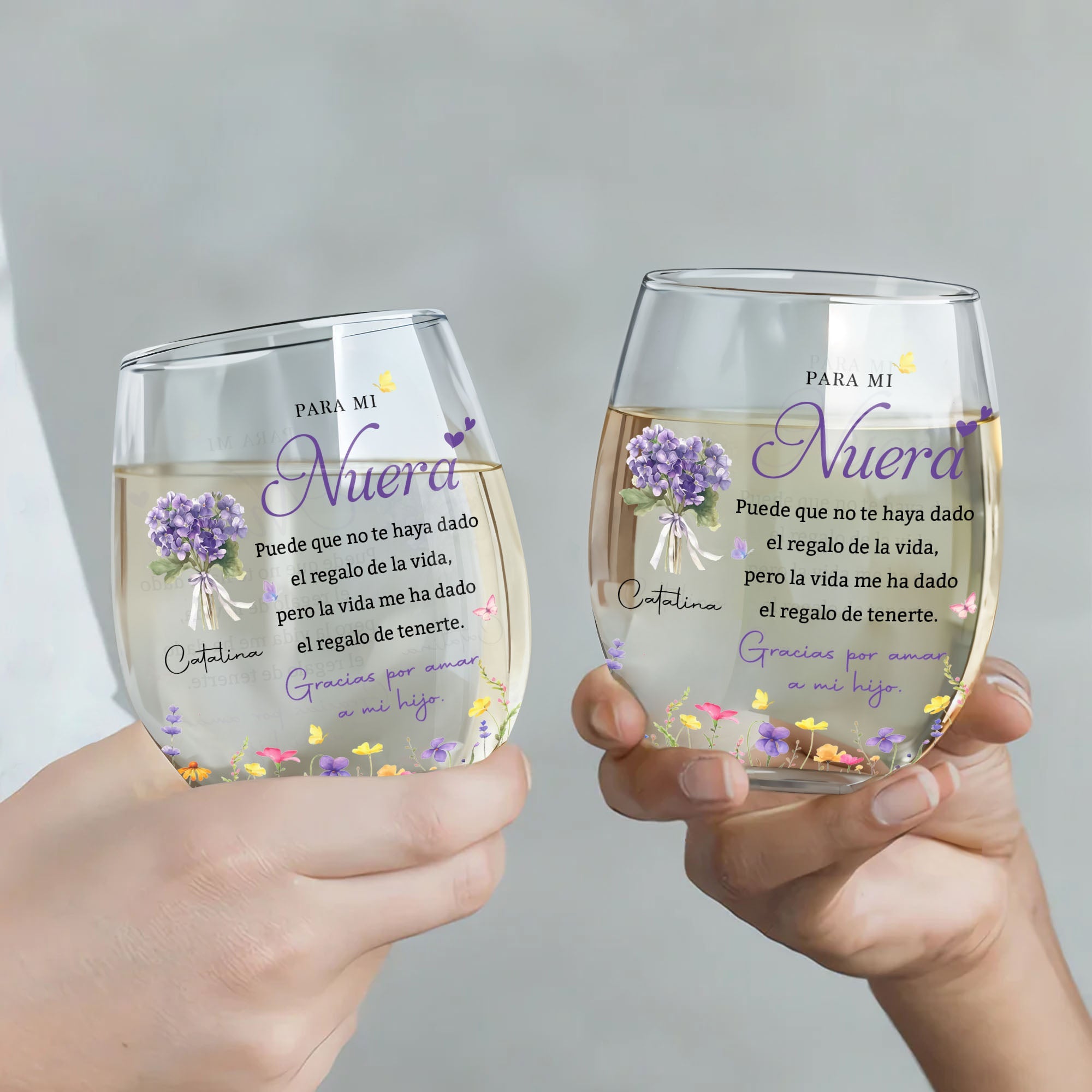 Personalized Stemless Wine Glass Custom Birth Month Flowers Gift for Daughter-in-Law Wine Glasses GradoCreations