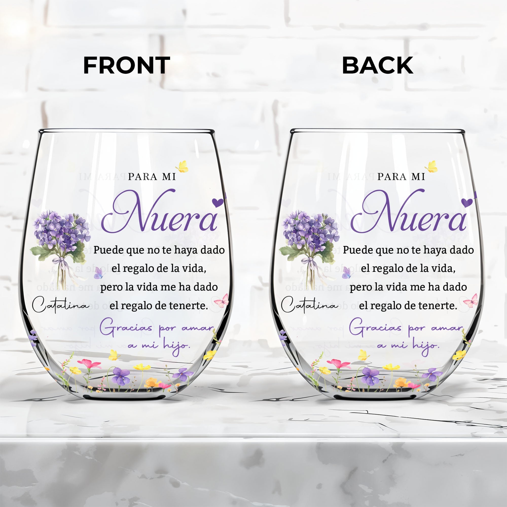 Personalized Stemless Wine Glass Custom Birth Month Flowers Gift for Daughter-in-Law Wine Glasses GradoCreations