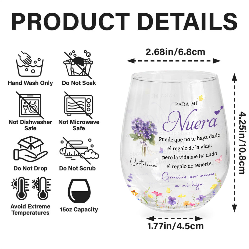 Personalized Stemless Wine Glass Custom Birth Month Flowers Gift for Daughter-in-Law Wine Glasses GradoCreations
