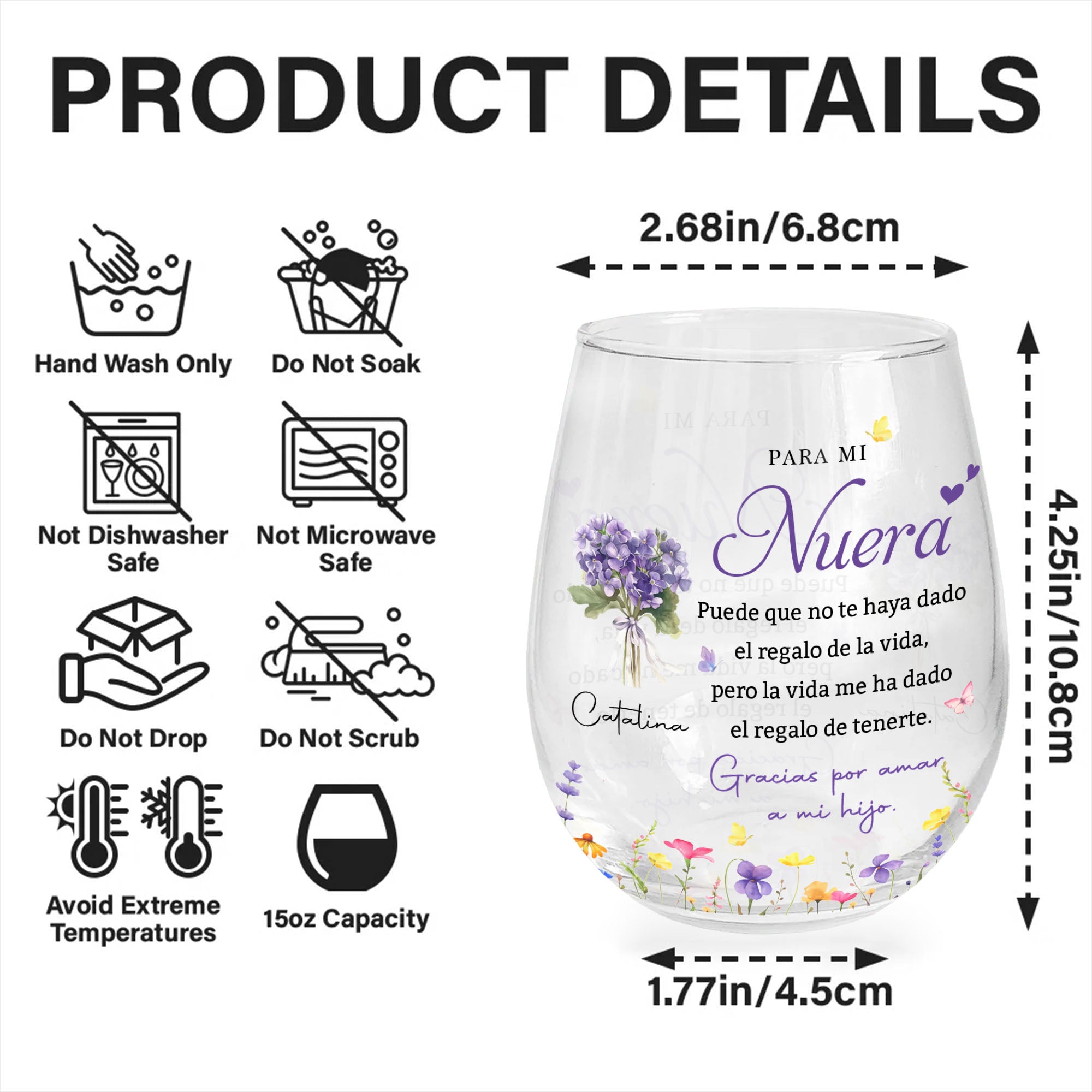 Personalized Stemless Wine Glass Custom Birth Month Flowers Gift for Daughter-in-Law Wine Glasses GradoCreations