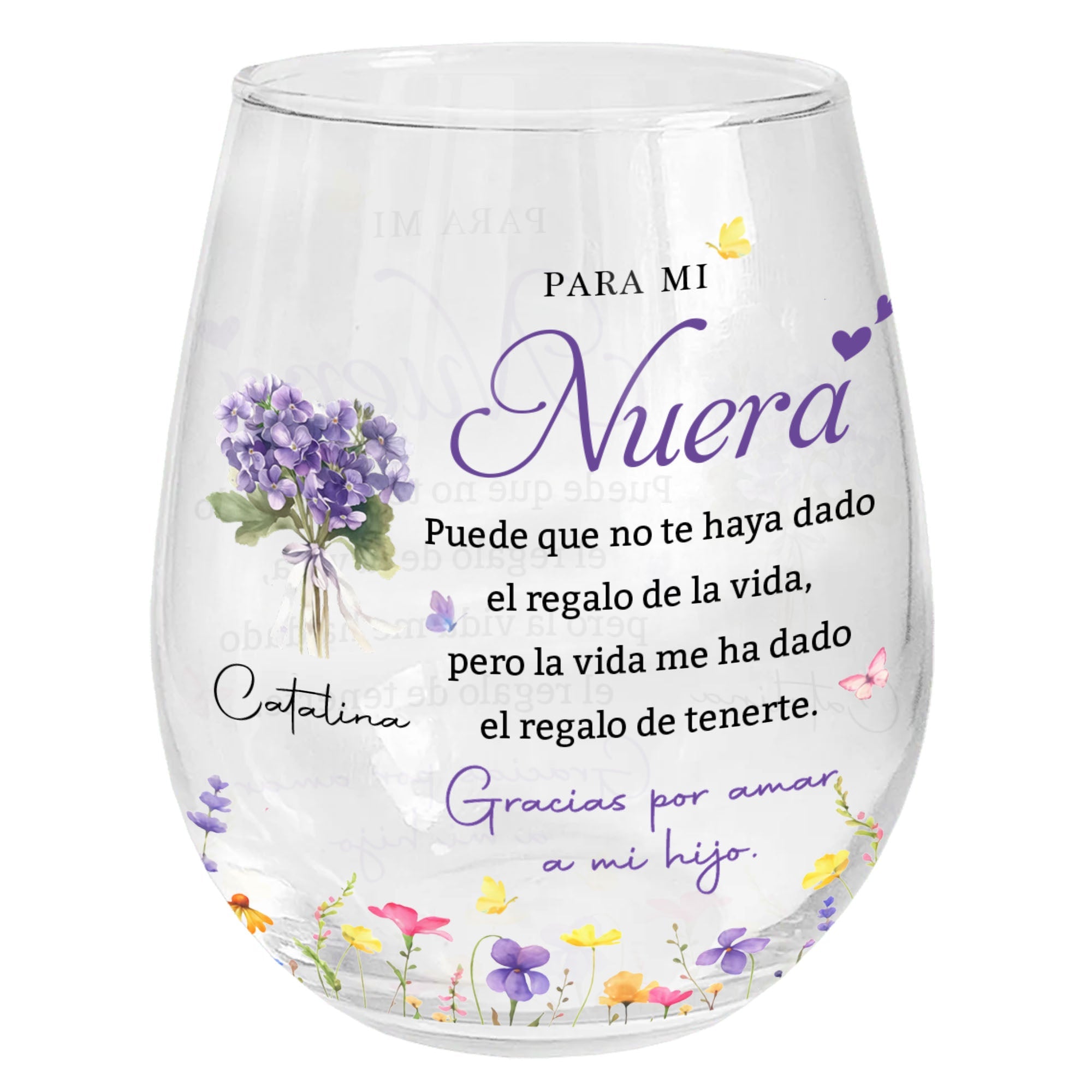Personalized Stemless Wine Glass Custom Birth Month Flowers Gift for Daughter-in-Law Wine Glasses GradoCreations