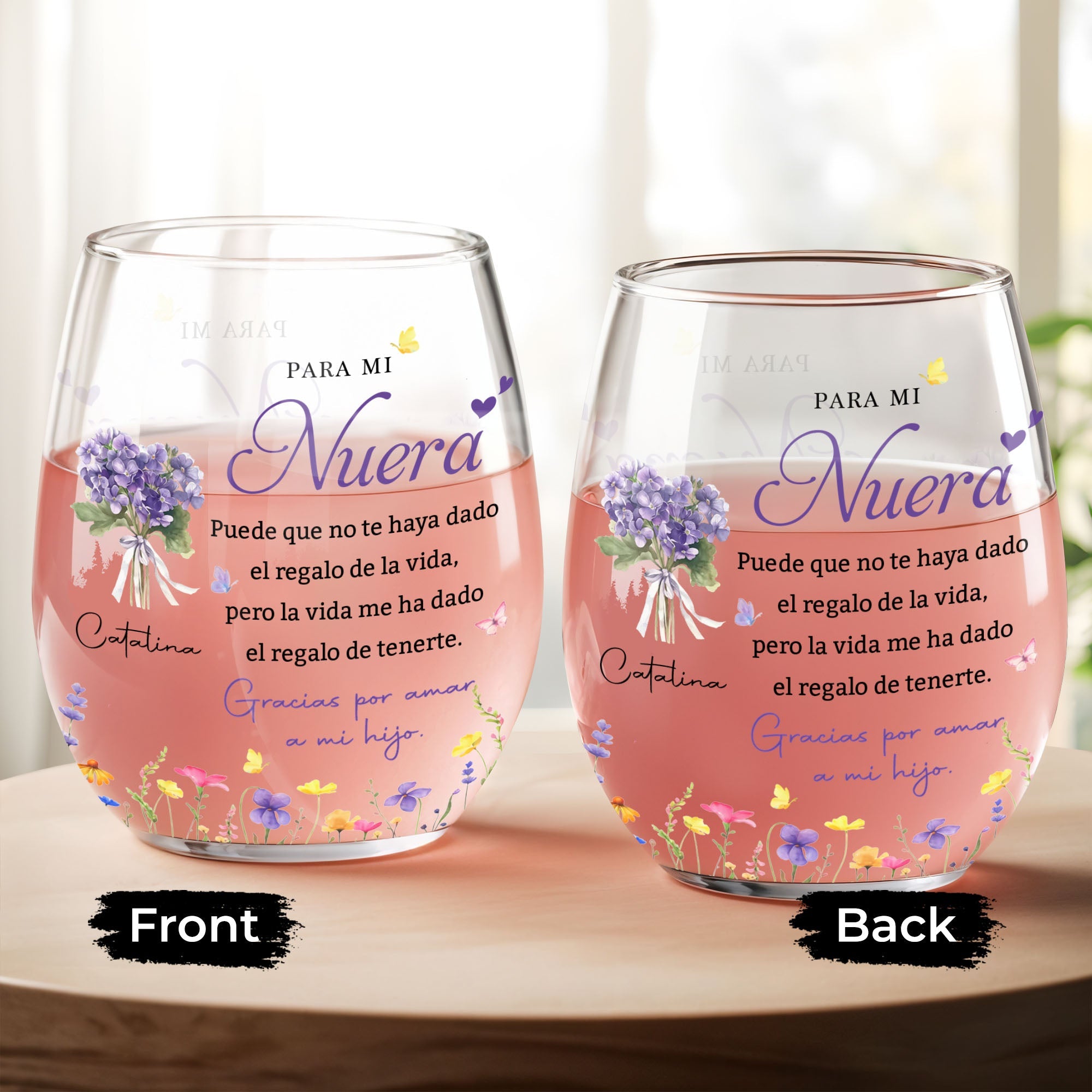 Personalized Stemless Wine Glass Custom Birth Month Flowers Gift for Daughter-in-Law Wine Glasses GradoCreations