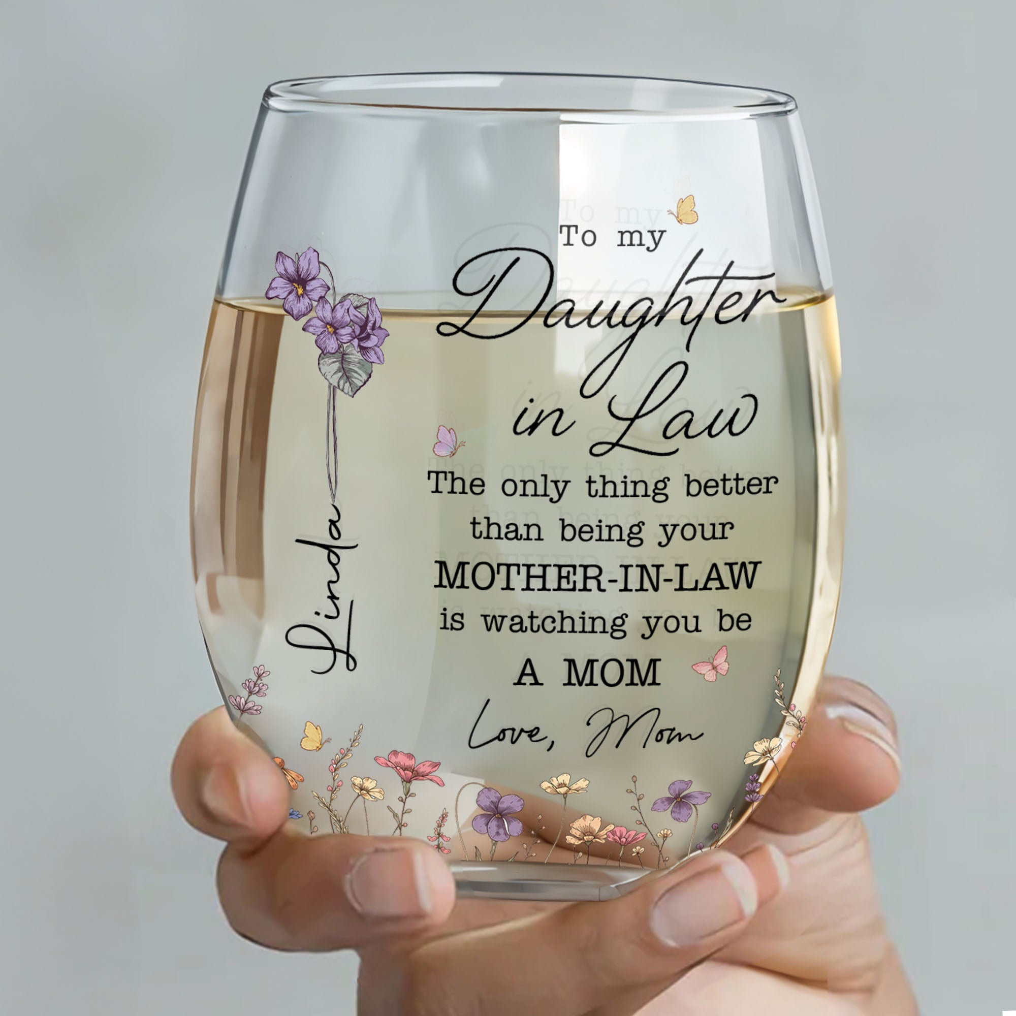Personalized Stemless Wine Glass Custom Name Gift for Daughter-in-Law Wine Glasses GradoCreations
