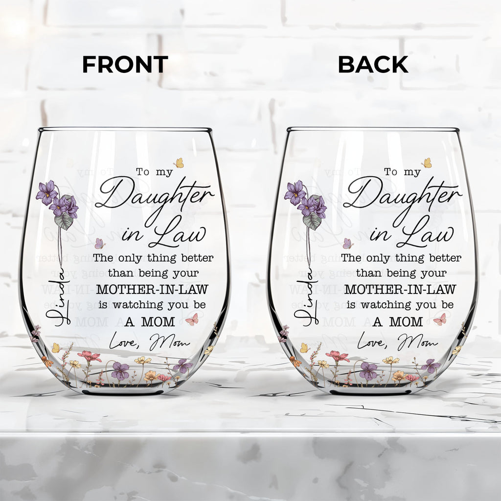 Personalized Stemless Wine Glass Custom Name Gift for Daughter-in-Law Wine Glasses GradoCreations