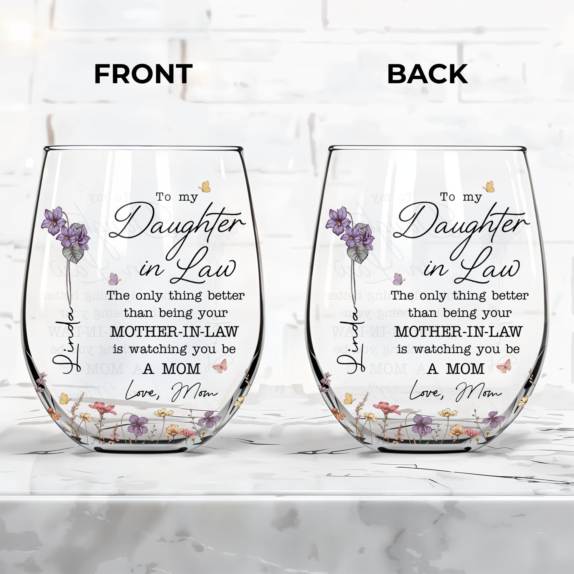 Personalized Stemless Wine Glass Custom Name Gift for Daughter-in-Law Wine Glasses GradoCreations