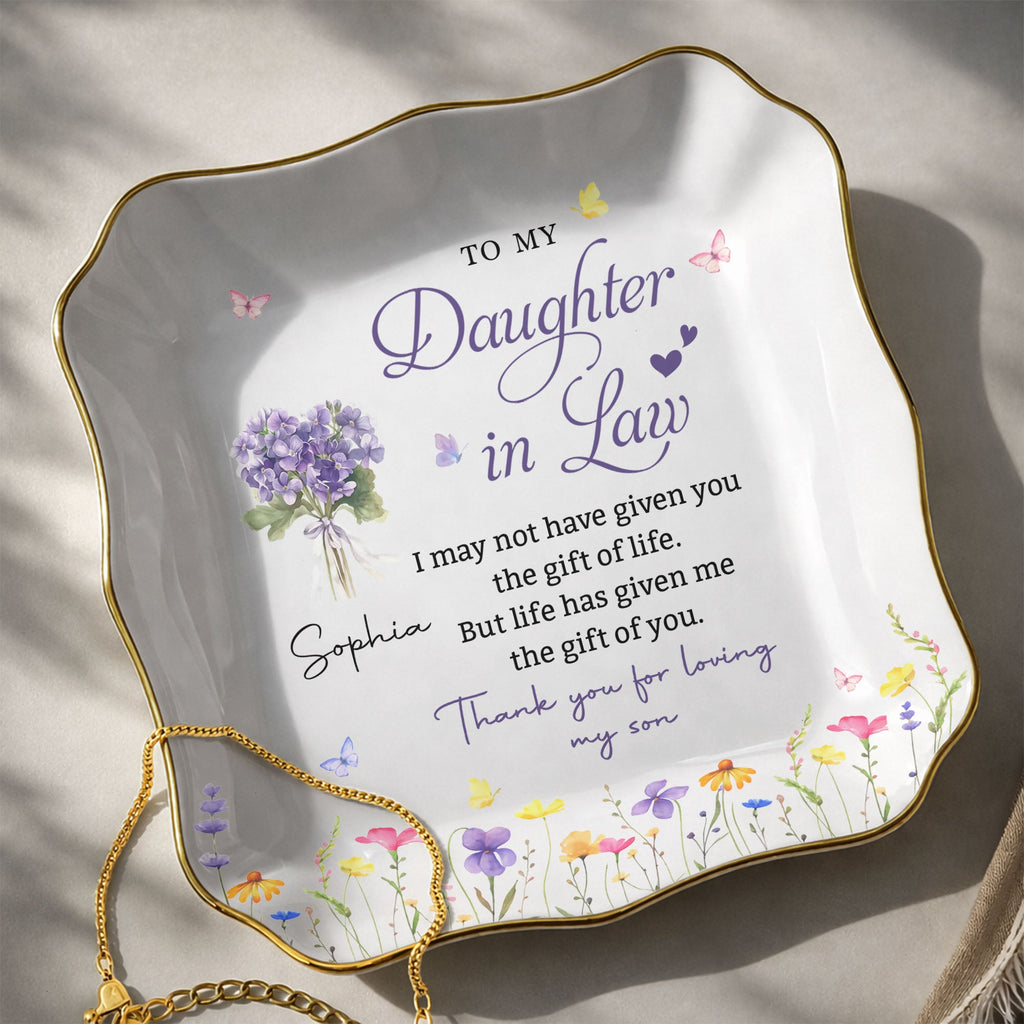 Personalized Lace Jewelry Dish with Birth Month Flowers Gift for Daughter-in-Law Lace Square Jewelry Dish GradoCreations