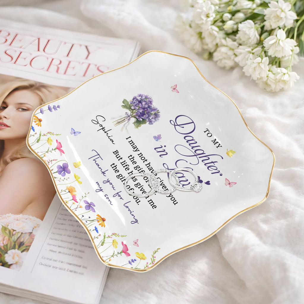 Personalized Lace Jewelry Dish with Birth Month Flowers Gift for Daughter-in-Law Lace Square Jewelry Dish GradoCreations