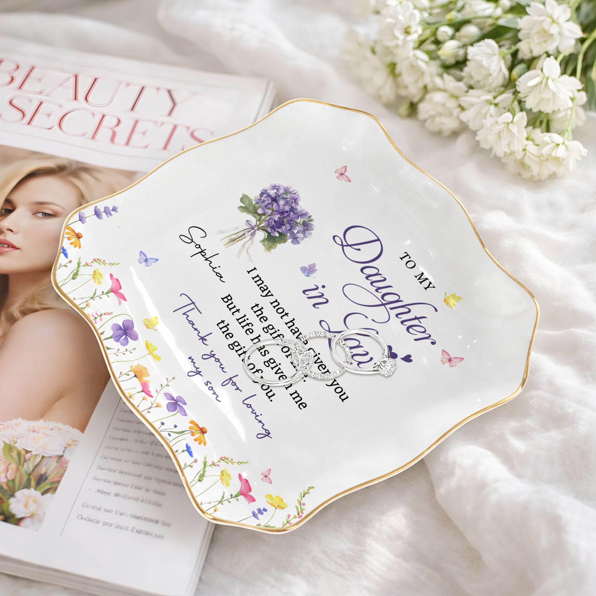 Personalized Lace Jewelry Dish with Birth Month Flowers Gift for Daughter-in-Law Lace Square Jewelry Dish GradoCreations