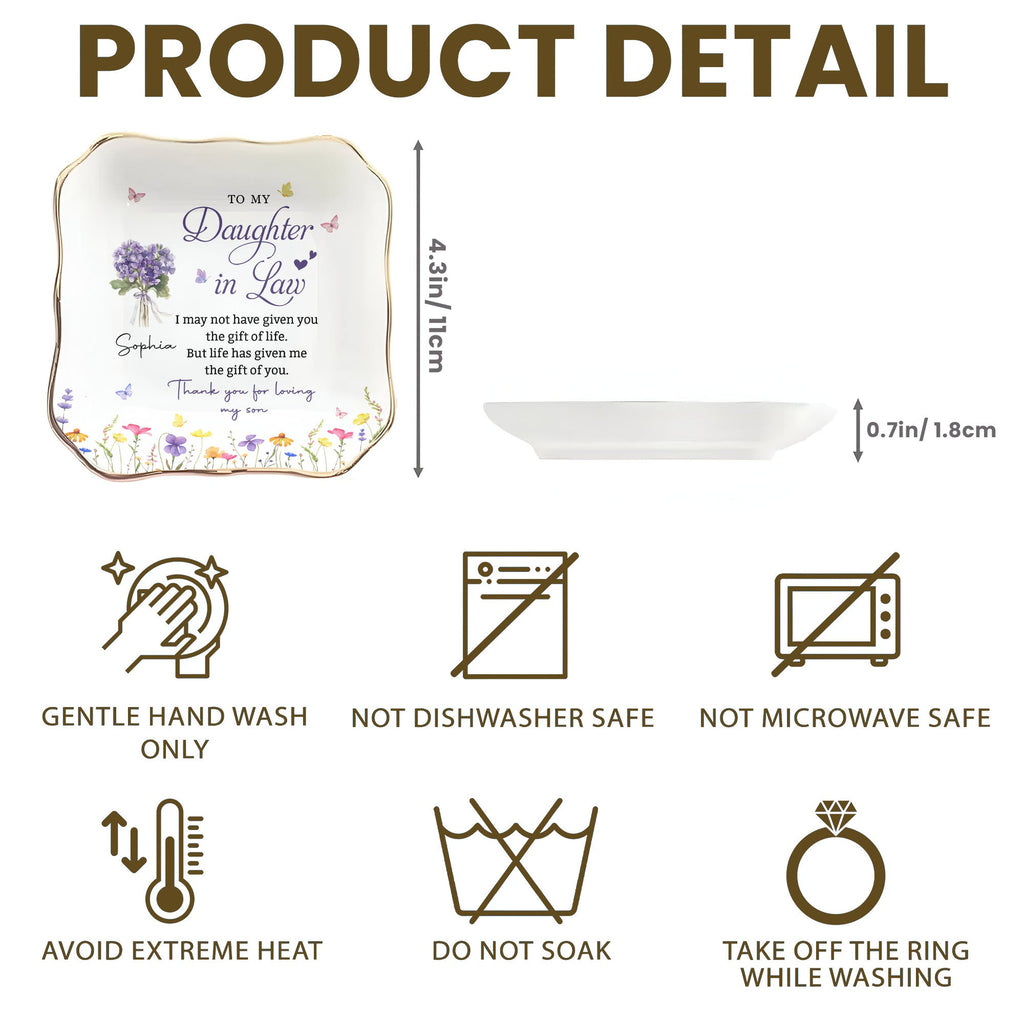 Personalized Lace Jewelry Dish with Birth Month Flowers Gift for Daughter-in-Law Lace Square Jewelry Dish GradoCreations