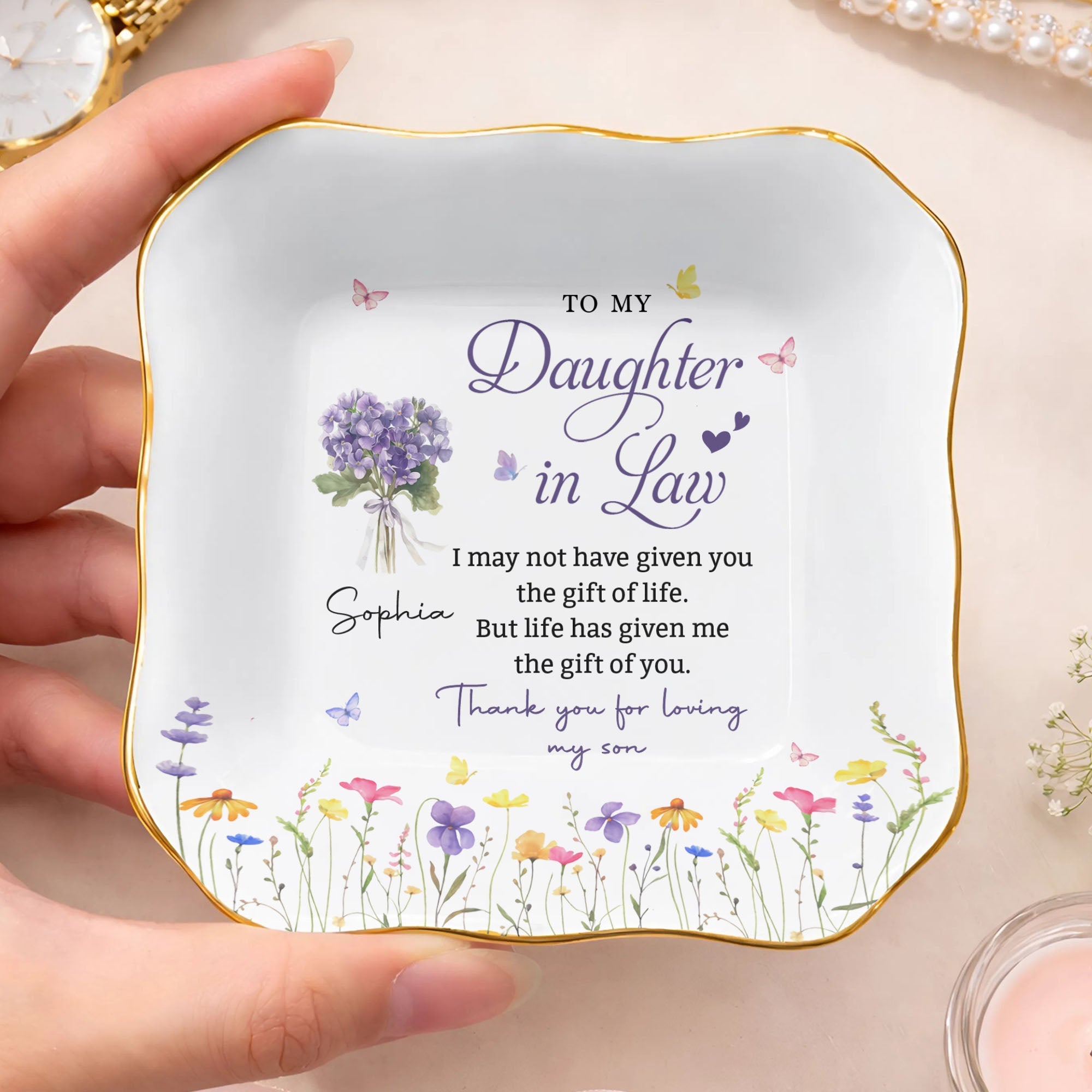 Personalized Lace Jewelry Dish with Birth Month Flowers Gift for Daughter-in-Law Lace Square Jewelry Dish GradoCreations