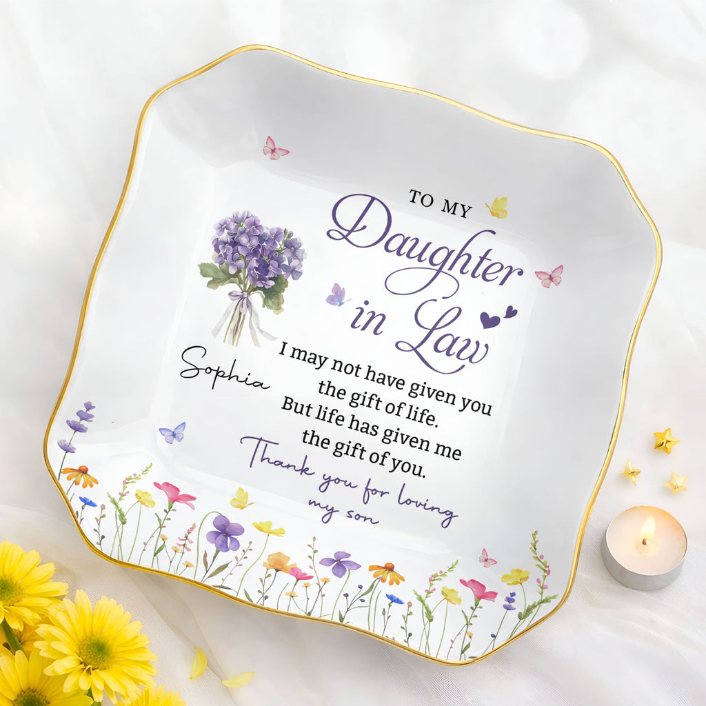 Personalized Lace Jewelry Dish with Birth Month Flowers Gift for Daughter-in-Law Lace Square Jewelry Dish GradoCreations