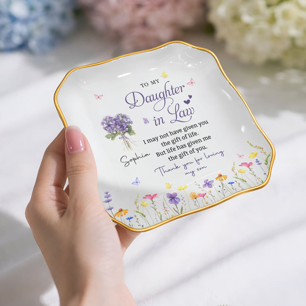 Personalized Lace Jewelry Dish with Birth Month Flowers Gift for Daughter-in-Law Lace Square Jewelry Dish GradoCreations