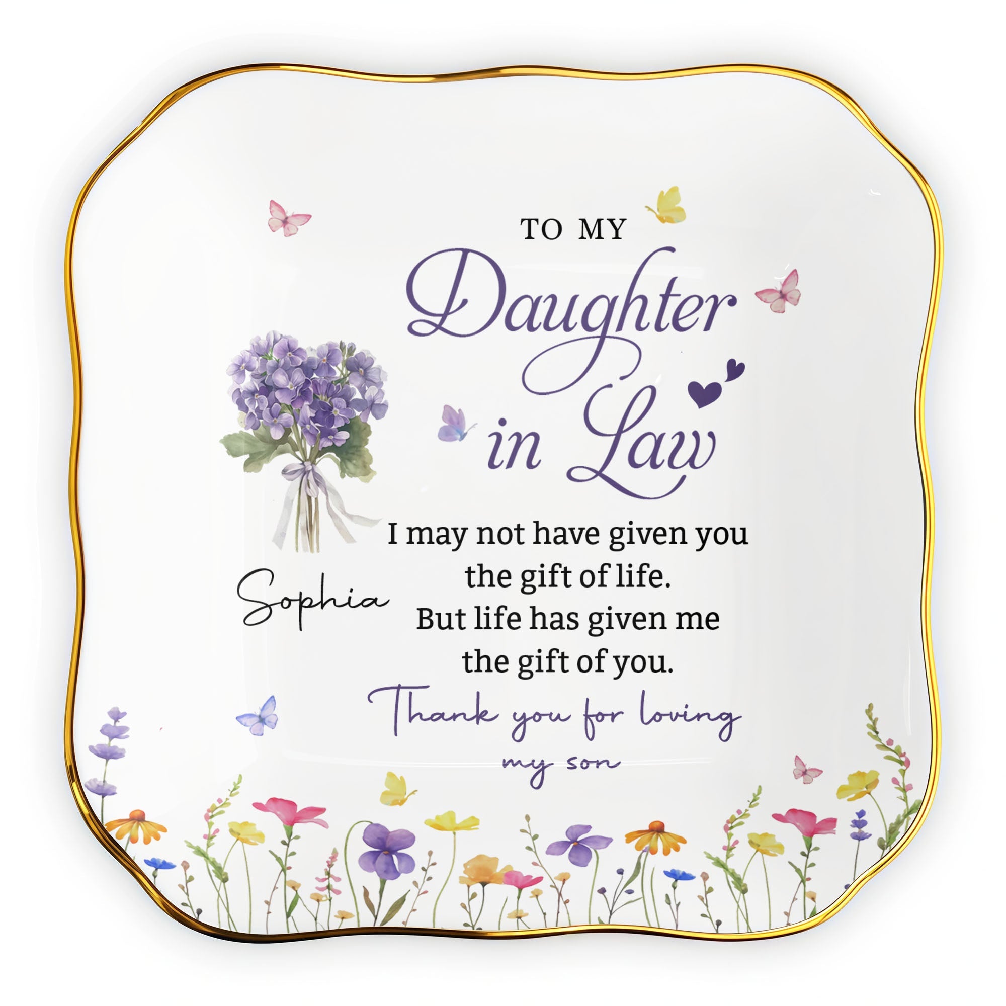 Personalized Lace Jewelry Dish with Birth Month Flowers Gift for Daughter-in-Law Lace Square Jewelry Dish GradoCreations