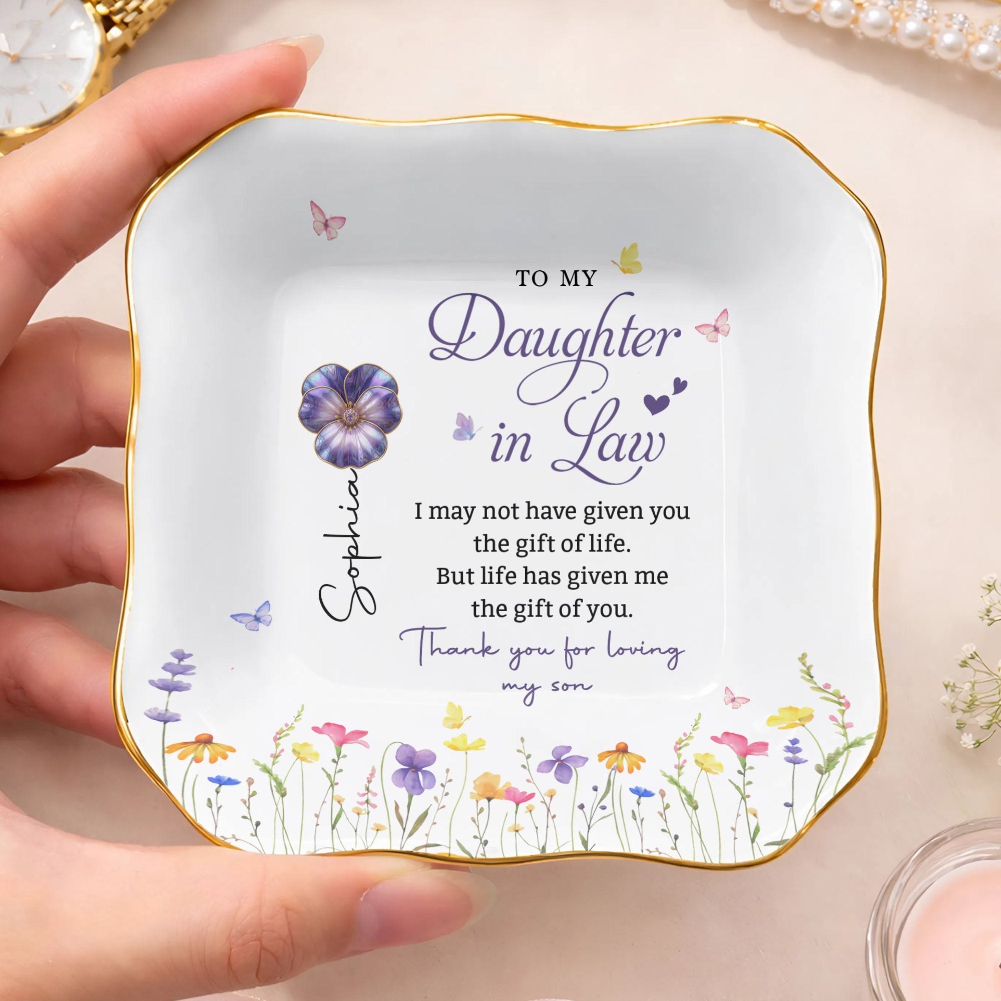 Personalized Lace Jewelry Dish Custom Name Gift for Daughter-in-Law Lace Square Jewelry Dish GradoCreations