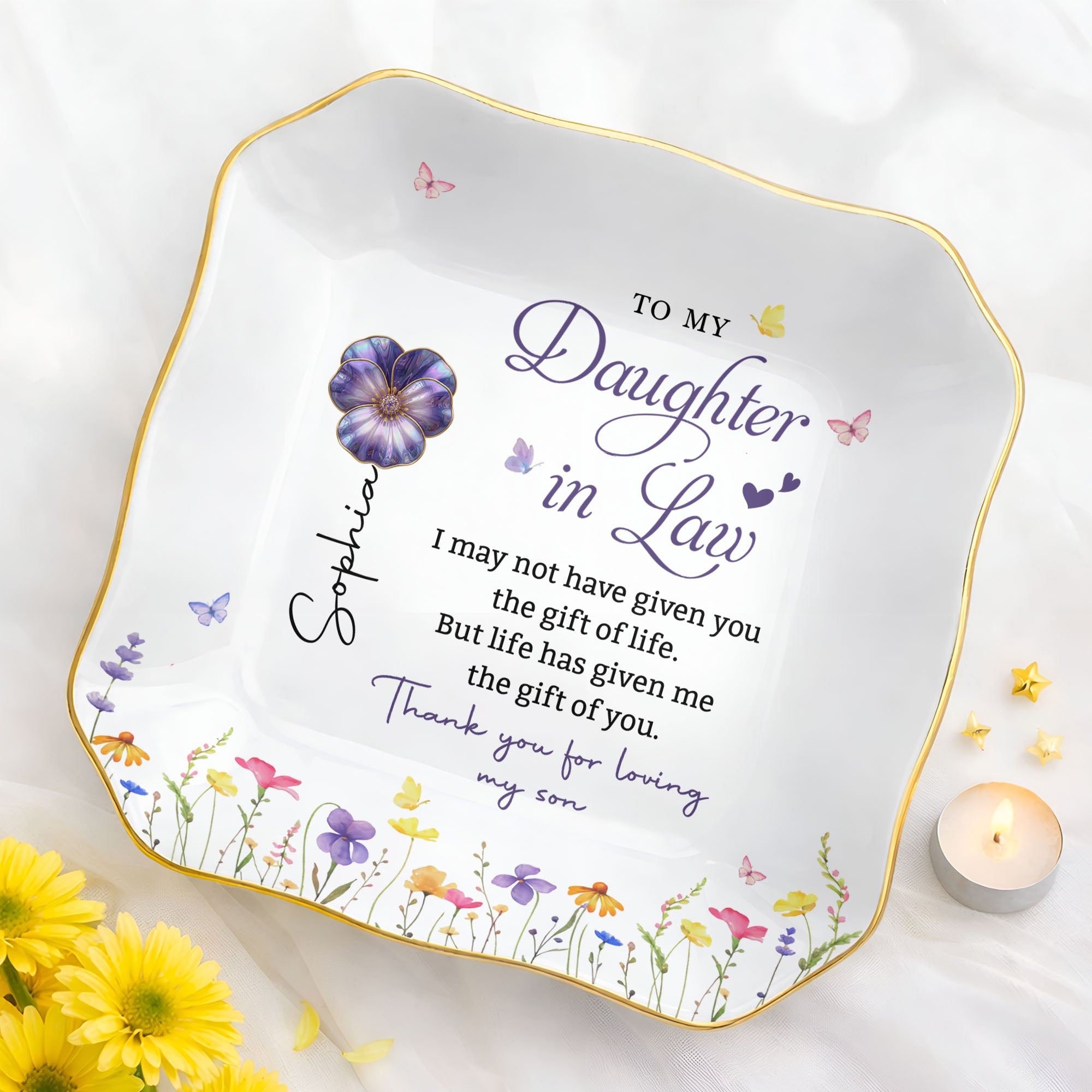 Personalized Lace Jewelry Dish Custom Name Gift for Daughter-in-Law Lace Square Jewelry Dish GradoCreations