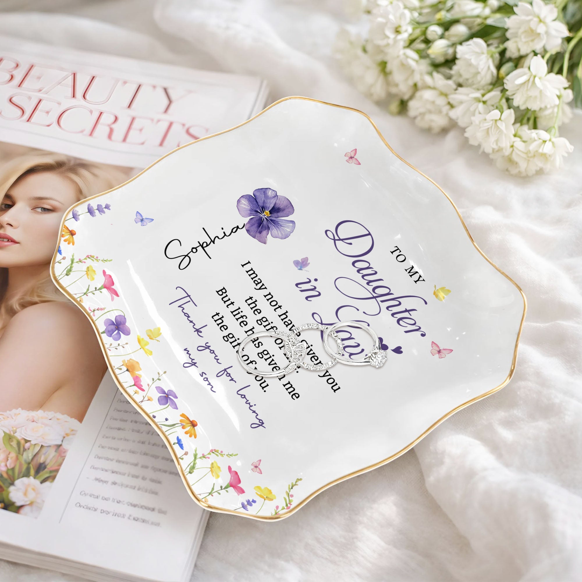 Personalized Ceramic Jewelry Dish Custom Name Gift for Daughter-in-Law Lace Square Jewelry Dish GradoCreations