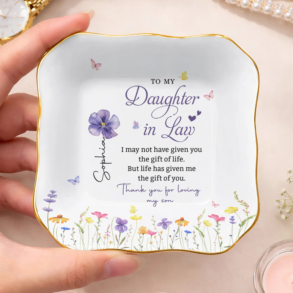 Personalized Ceramic Jewelry Dish Custom Name Gift for Daughter-in-Law Lace Square Jewelry Dish GradoCreations