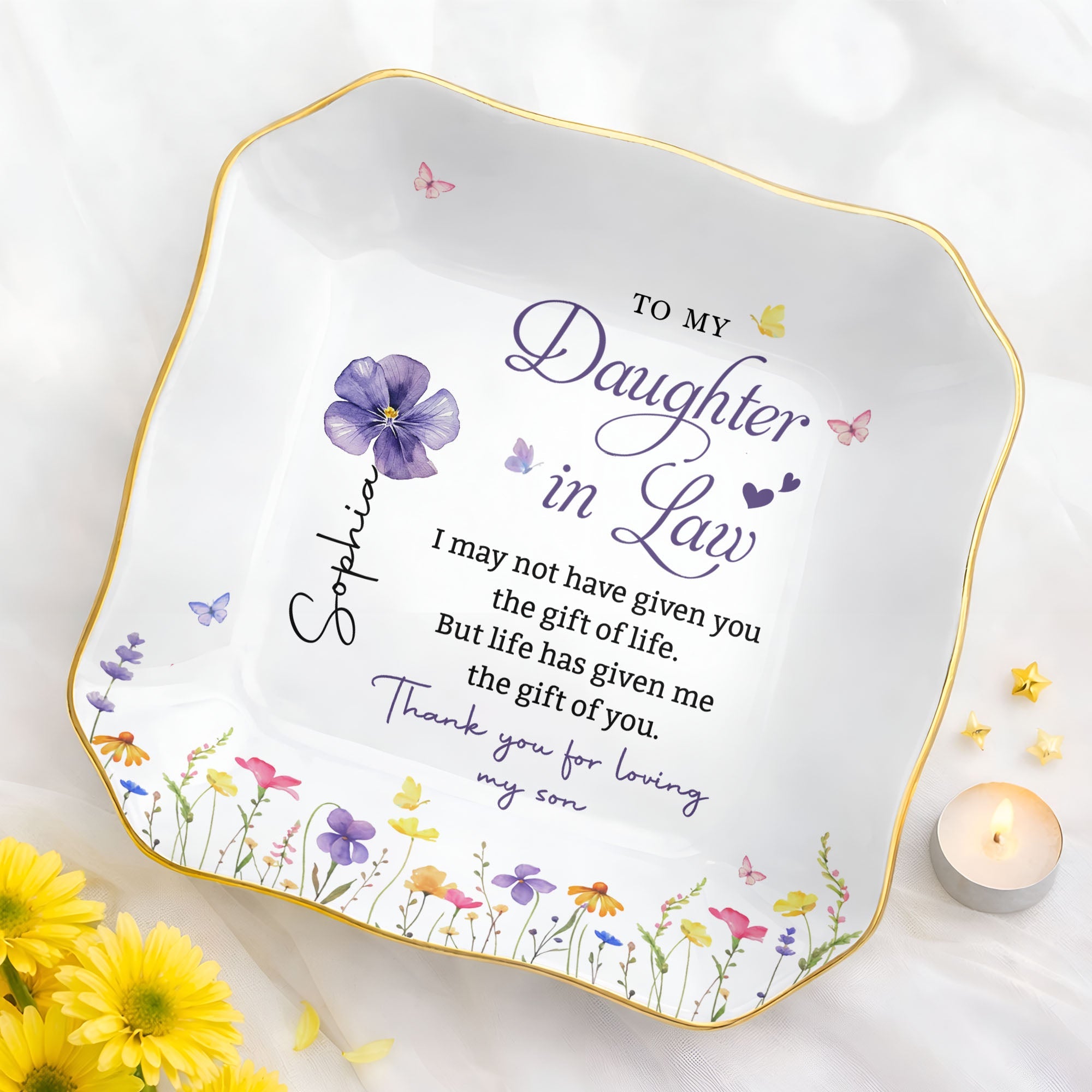 Personalized Ceramic Jewelry Dish Custom Name Gift for Daughter-in-Law Lace Square Jewelry Dish GradoCreations